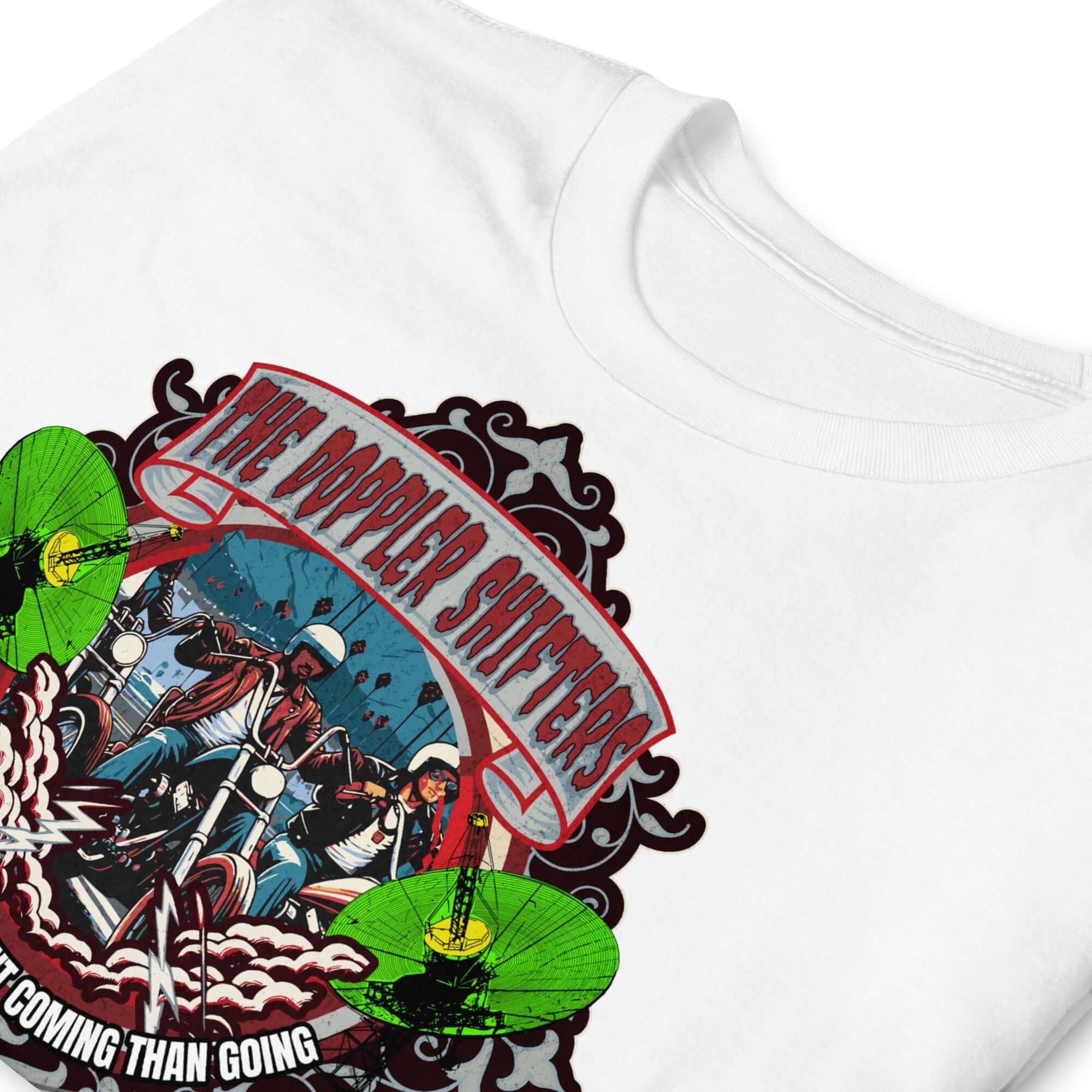 Doppler Shifters Motorcycle Club t-shirt with vibrant cityscape design and green accents, perfect for physics and biker enthusiasts.