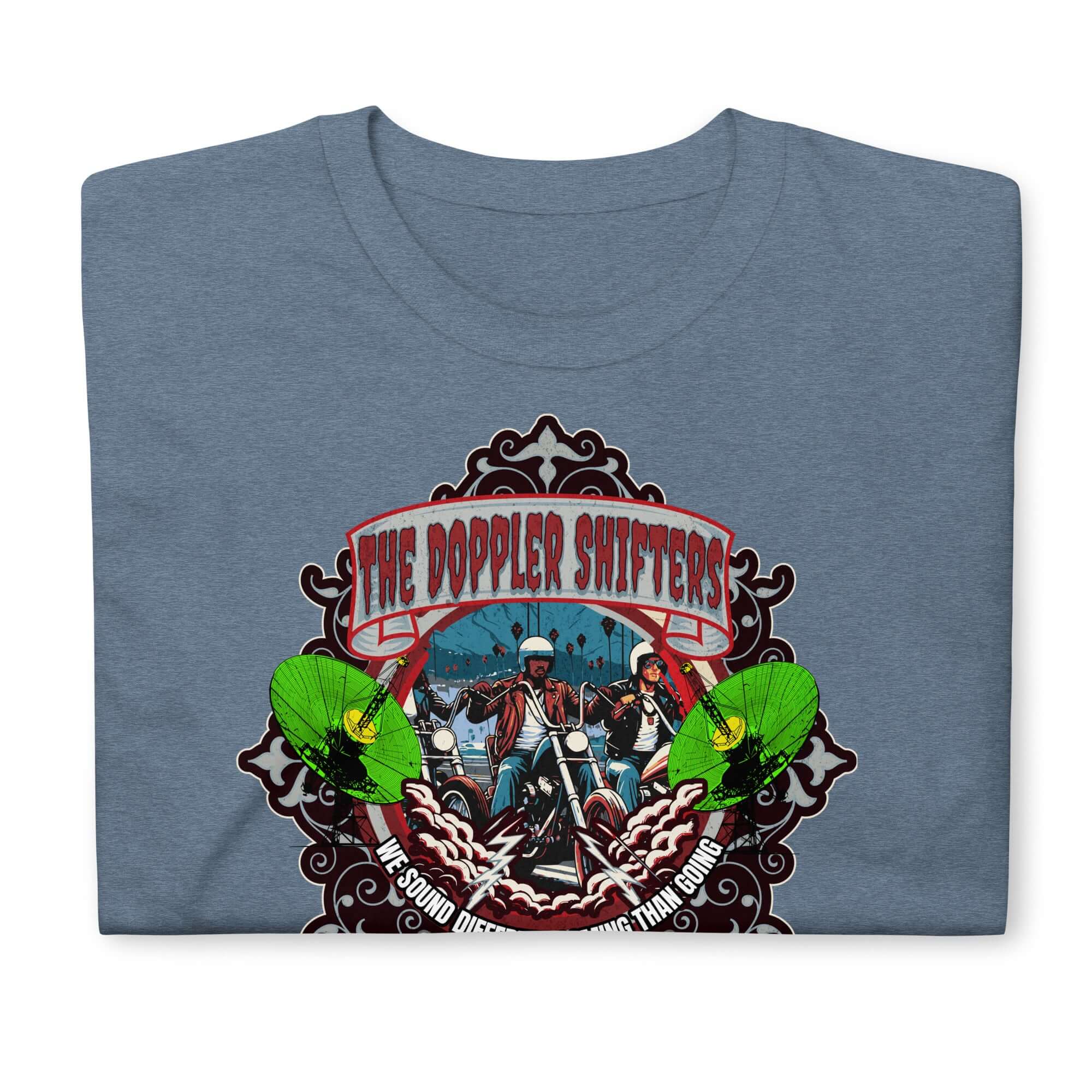 Doppler Shifters Motorcycle Club t-shirt with colorful biker emblem, physics-inspired design, green accents, and cityscape.
