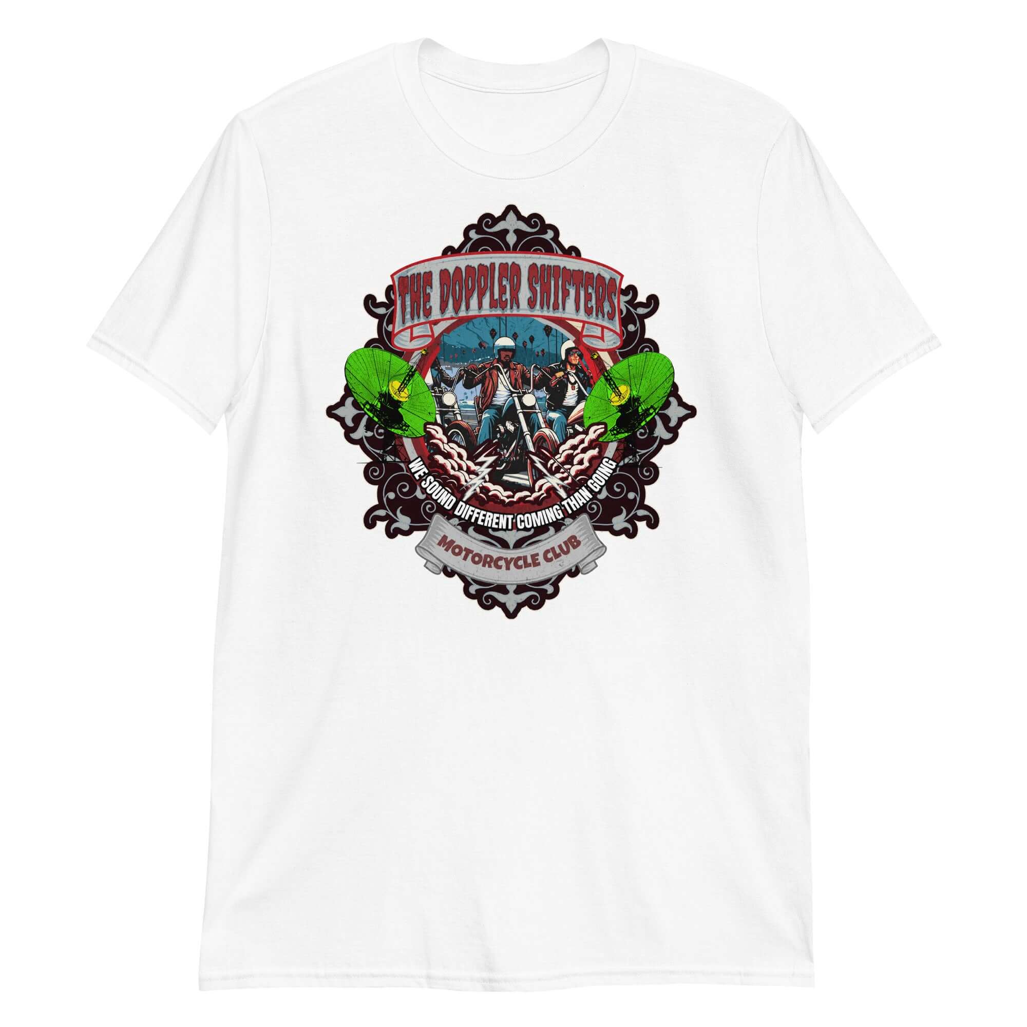 The Doppler Shifters motorcycle club t-shirt with physics-themed emblem, featuring two bikers in a vibrant cityscape and green accents.