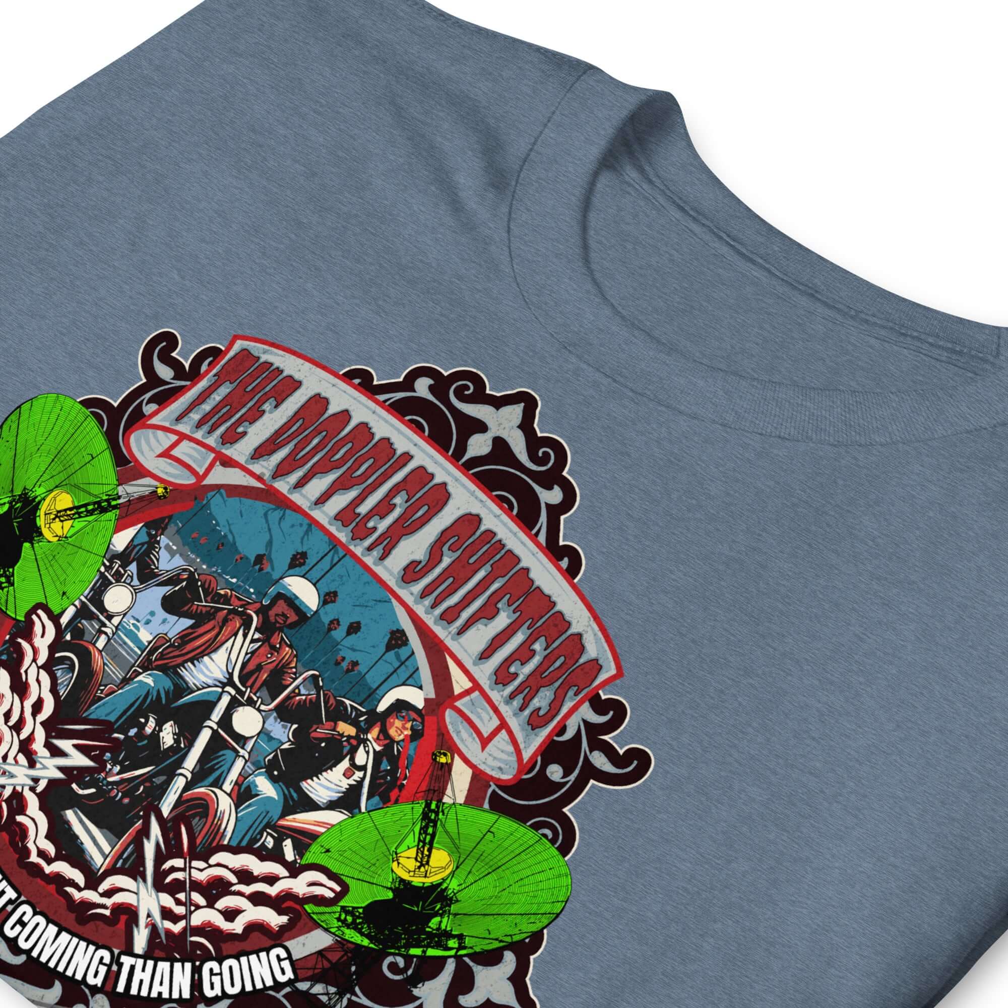 The Doppler Shifters Motorcycle Club t-shirt with vibrant emblem of bikers and electric green accents on a gray background.