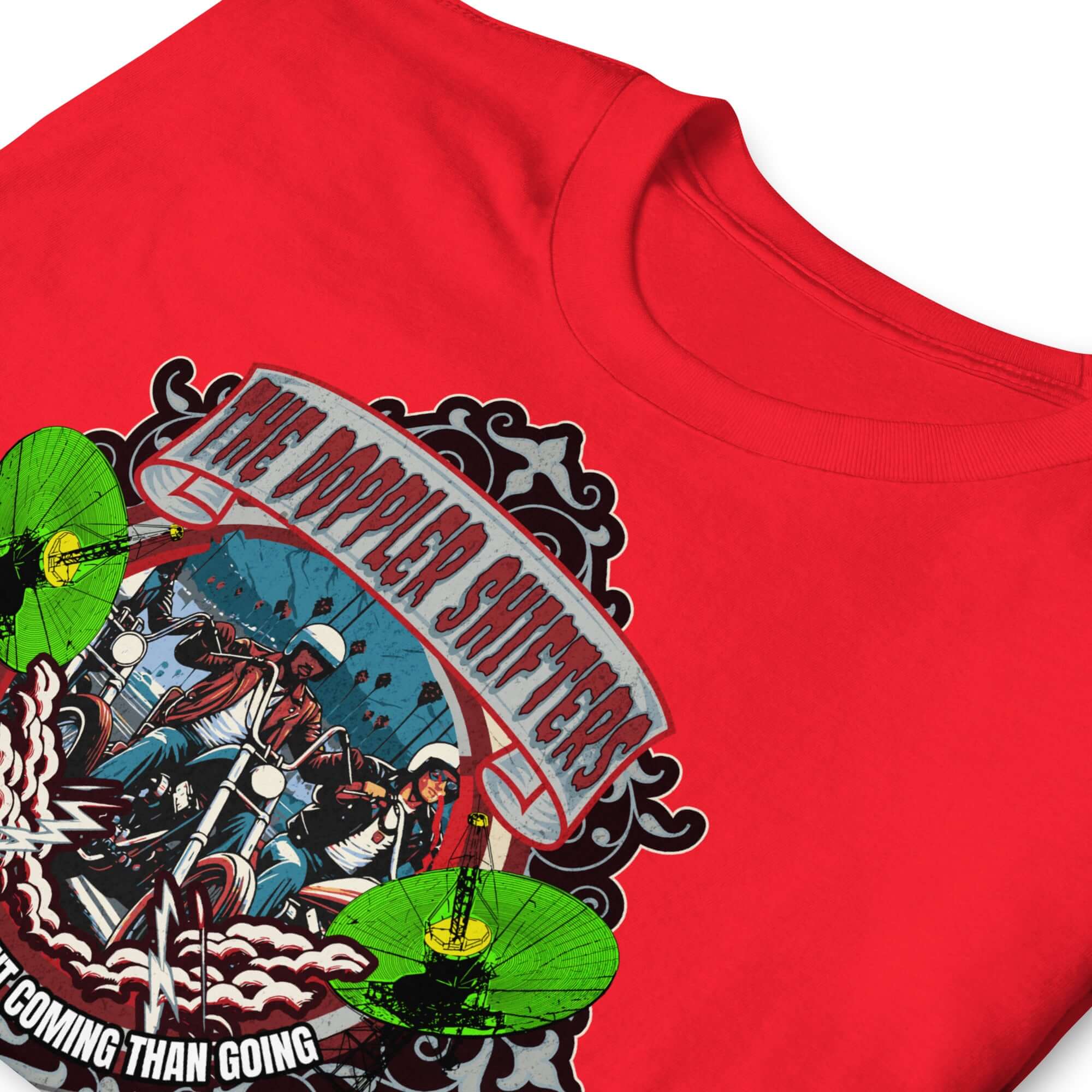 Red "The Doppler Shifters" t-shirt featuring physics-themed motorcycle club design with two bikers and green accents.