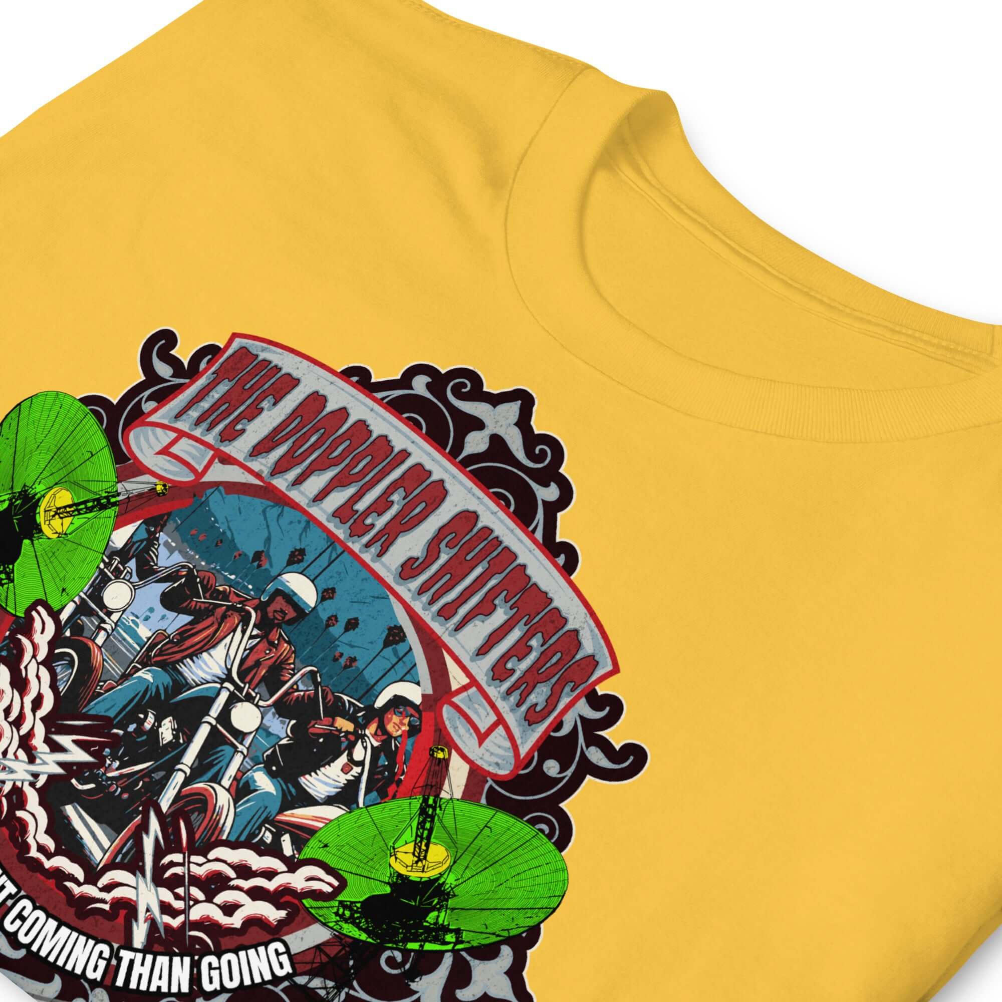 The Doppler Shifters Motorcycle Club T-shirt with vibrant emblem and physics-inspired biker design