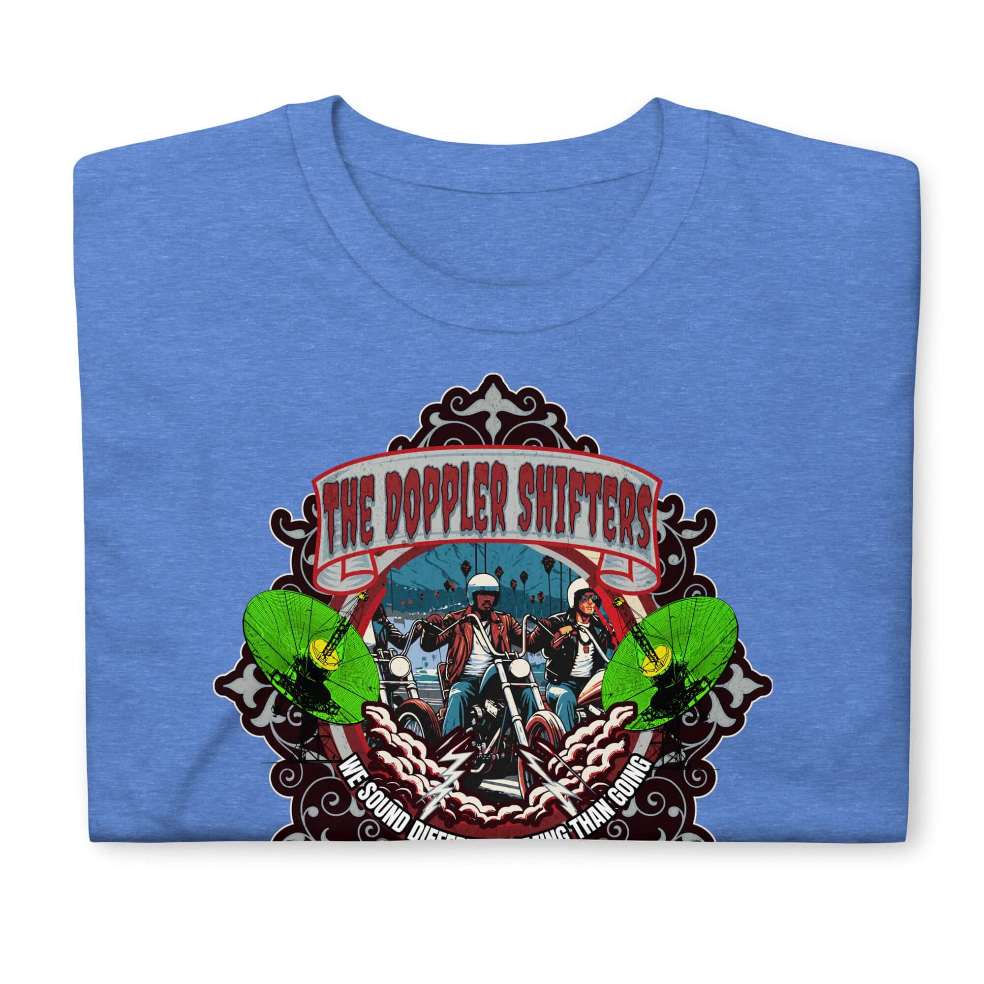 Doppler Shifters Motorcycle Club T-Shirt with colorful emblem and physics theme on blue tee