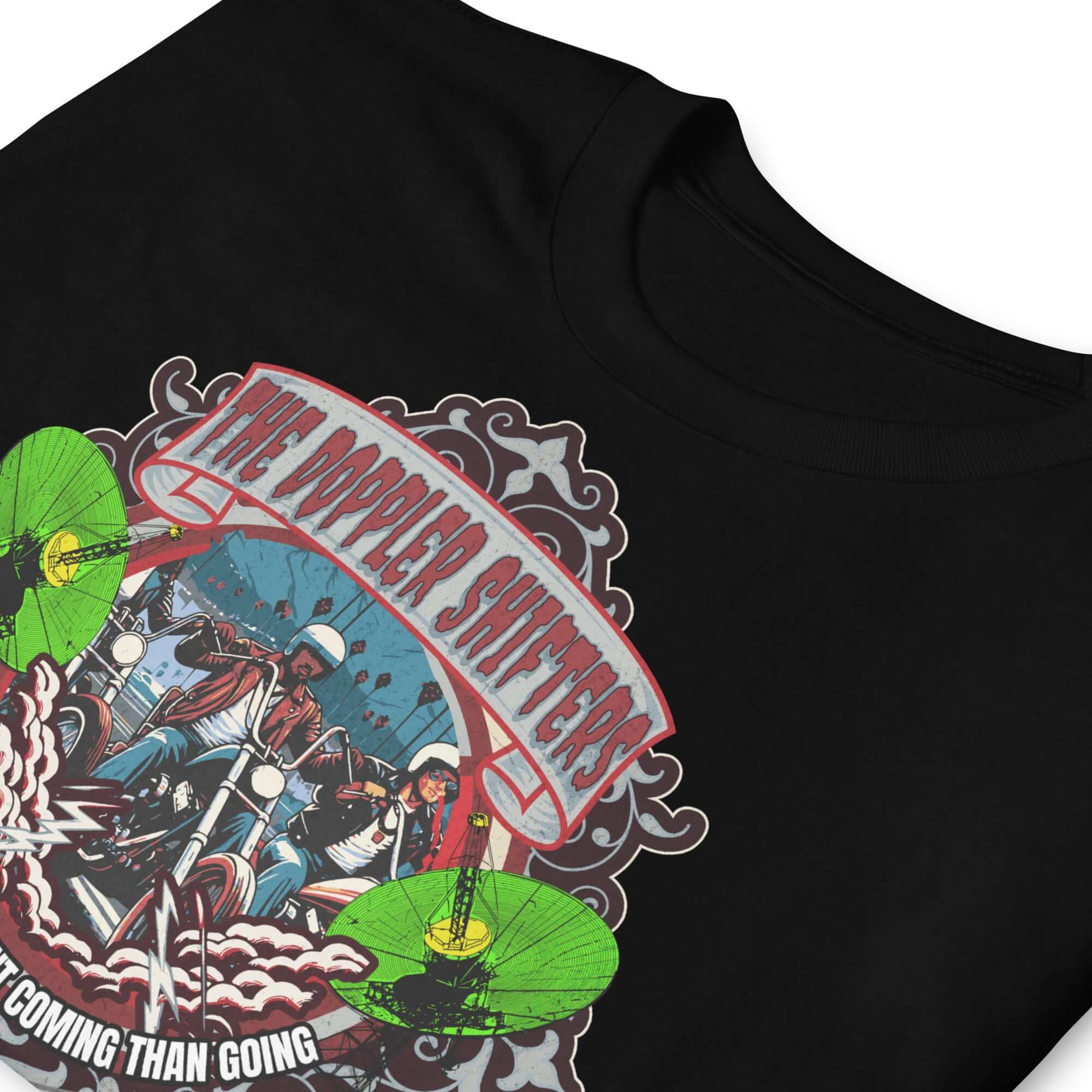 The Doppler Shifters Motorcycle Club t-shirt featuring vibrant riders and cityscape with electric green accents.