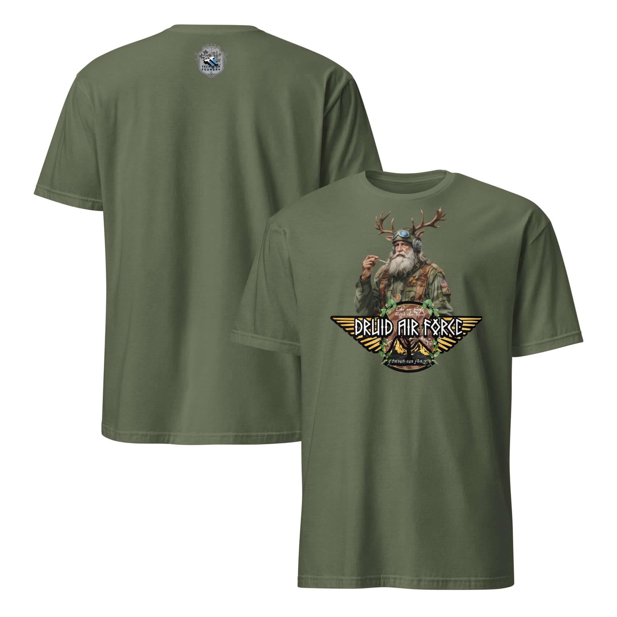 Green Druid Air Force T-Shirt with antlered mystic, combines ancient magic with modern military style, front and back view