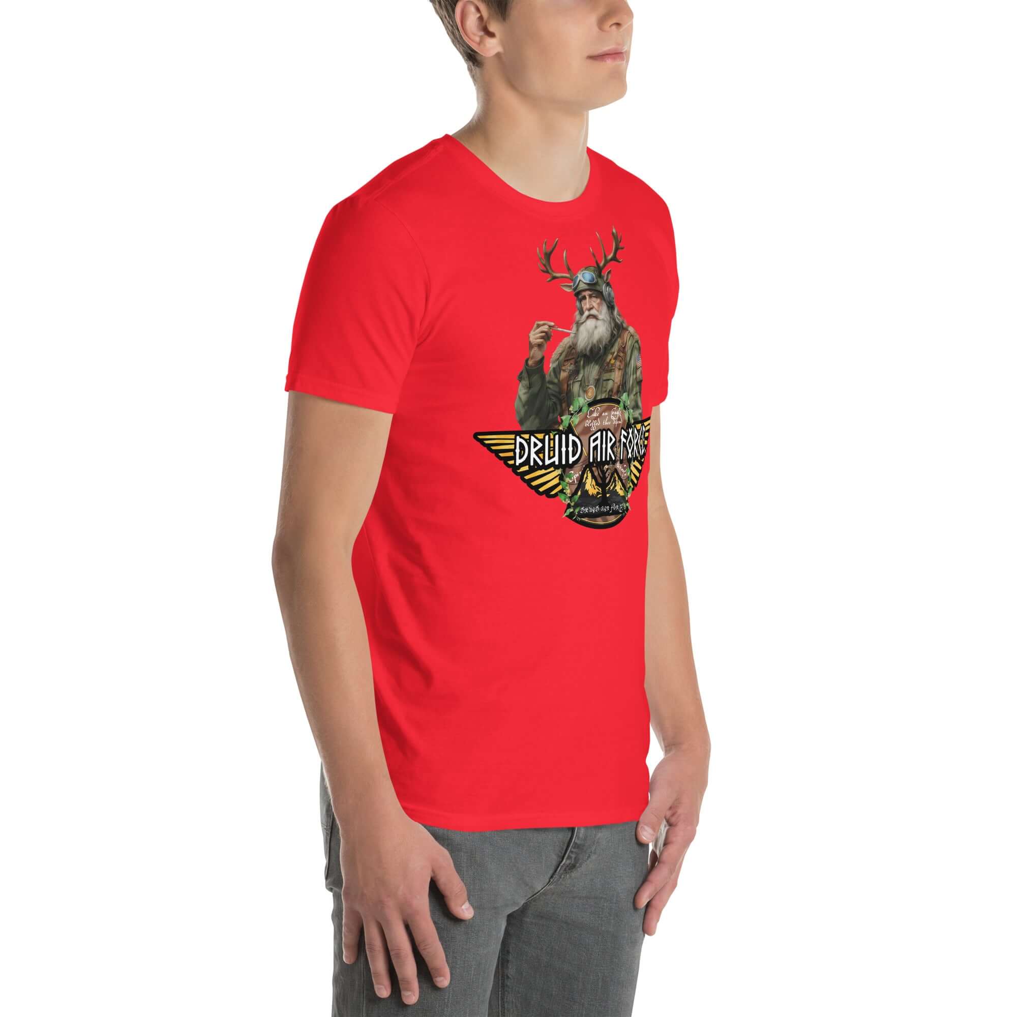 Person wearing Druid Air Force T-shirt featuring elder mystic with antlers, blending ancient magic with modern military style.