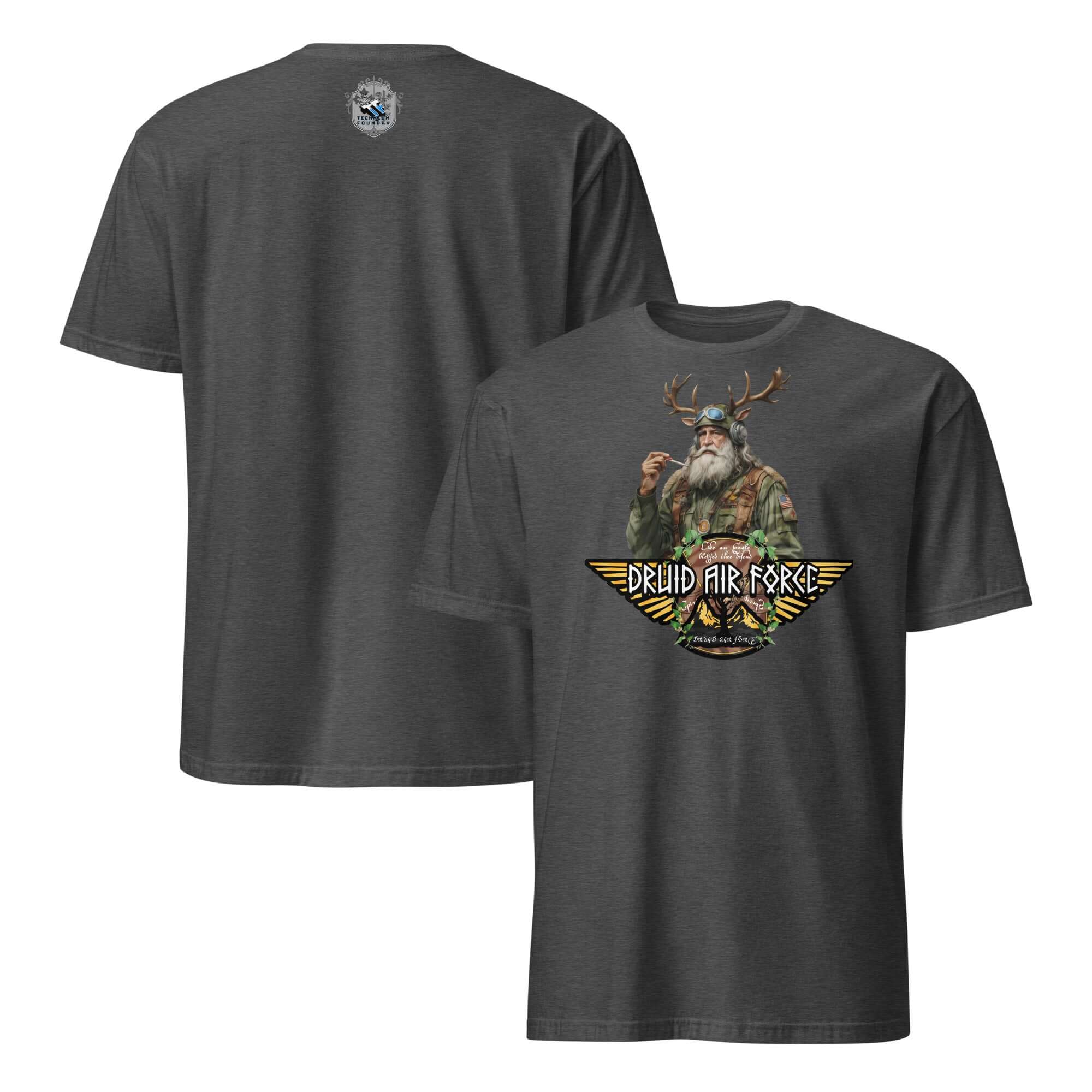 Druid Air Force T-Shirt featuring elder mystic with antlers, blending ancient magic and modern military on a black background.