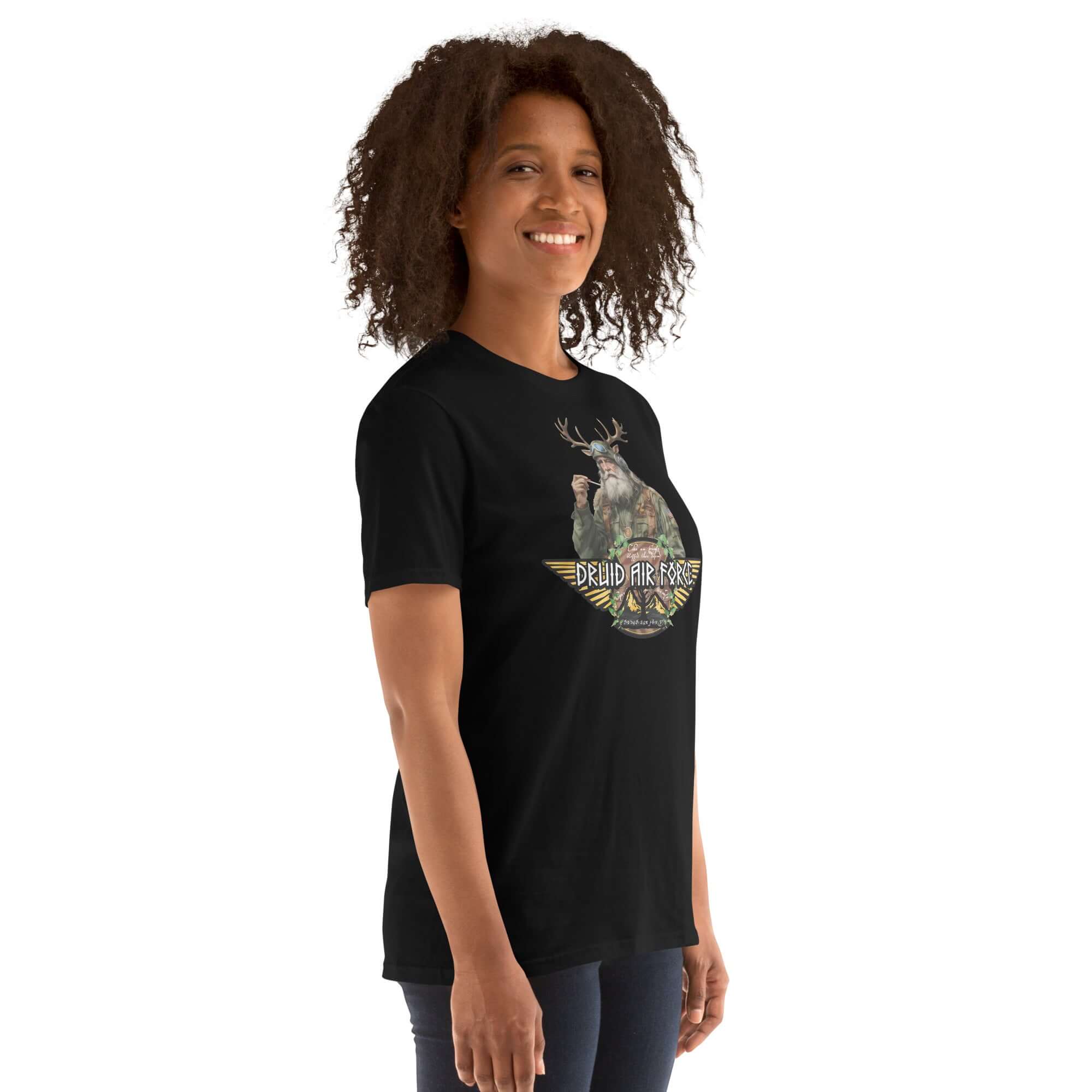 Woman wearing black Druid Air Force T-shirt featuring elder mystic with antlers blending ancient magic and modern military style.