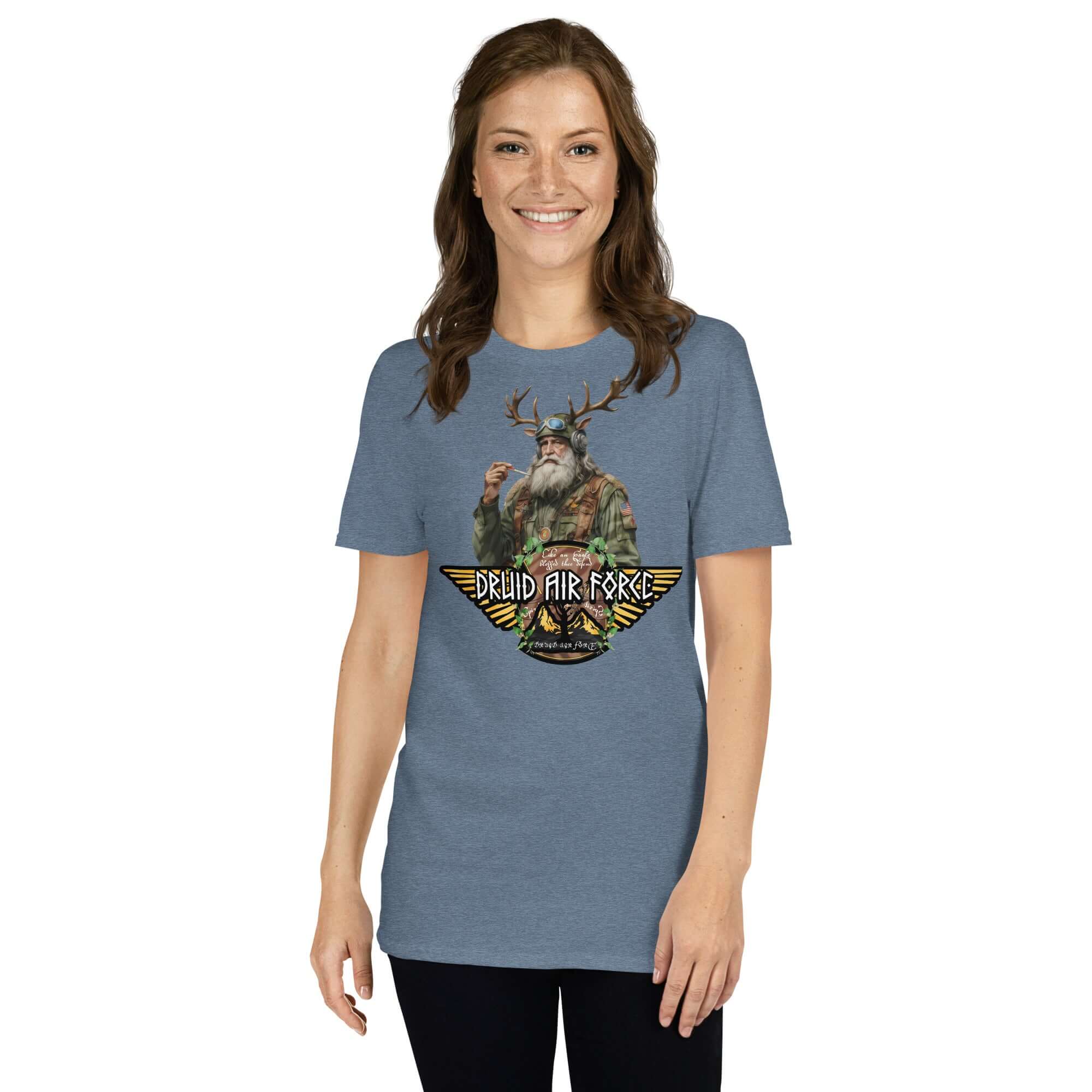 Woman wearing a Druid Air Force T-shirt, featuring a mystical elder with antlers and tactical gear, blending ancient magic and modern military.