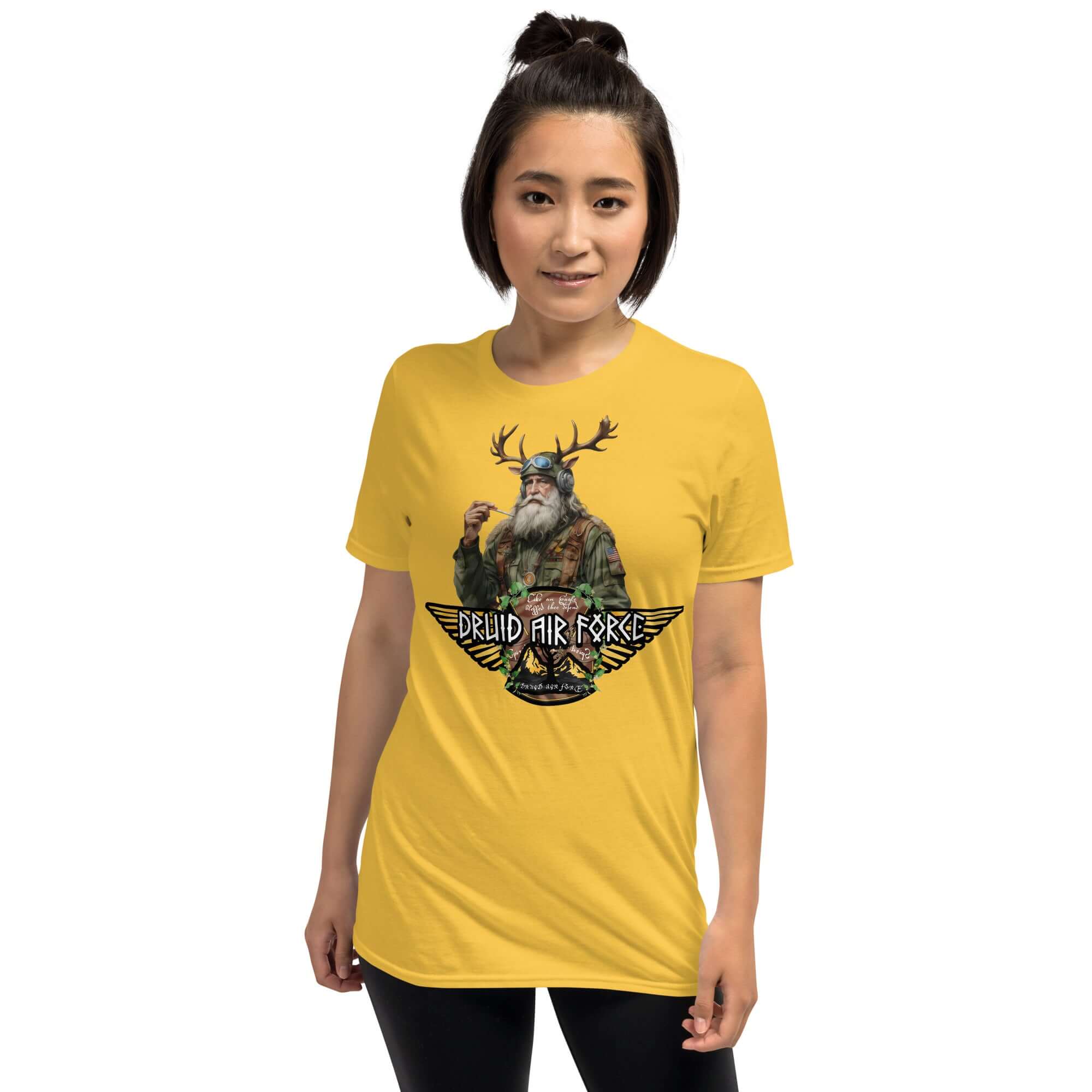 Person wearing yellow Druid Air Force T-shirt featuring an elder mystic with antlers, blending ancient wisdom with military theme.
