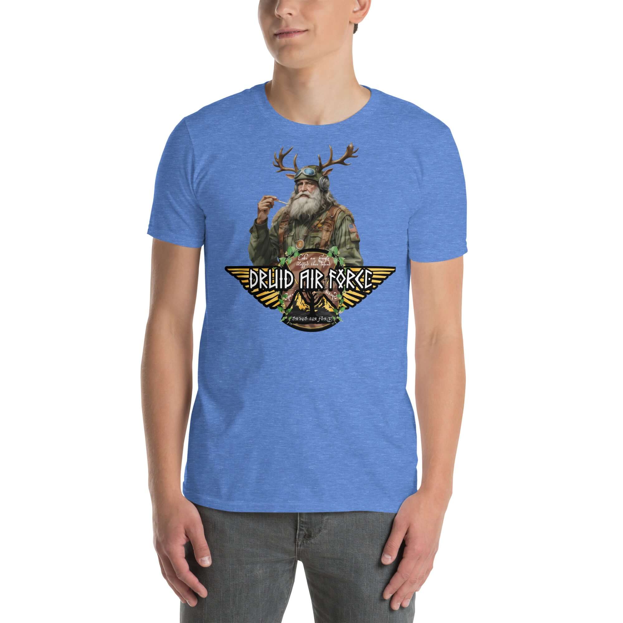 Druid Air Force T-Shirt with elder mystic design, antlers, and tactical gear on blue fabric, where ancient magic meets modern military style.
