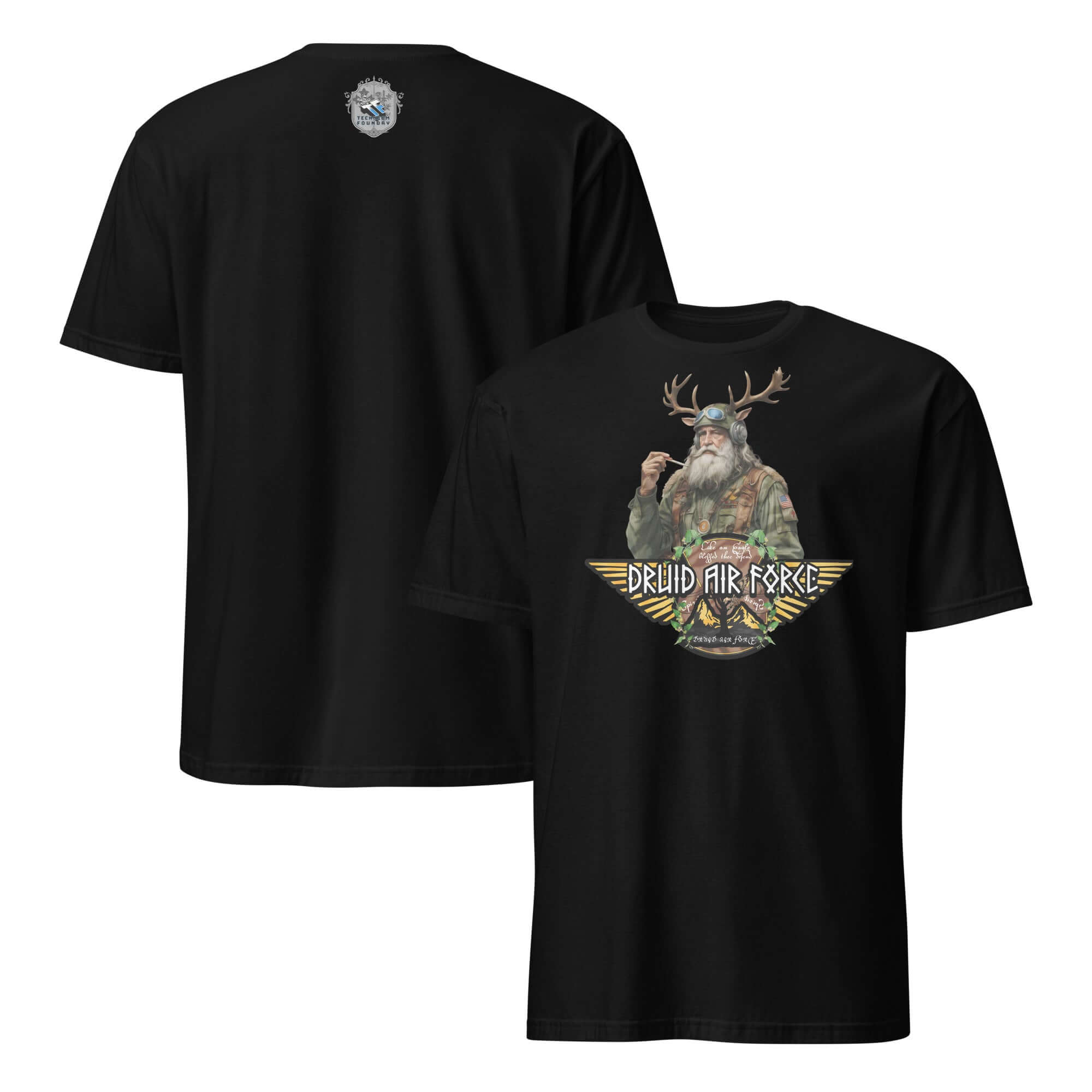 Black Druid Air Force t-shirt with elder mystic and antlers, blending ancient magic and modern military theme.