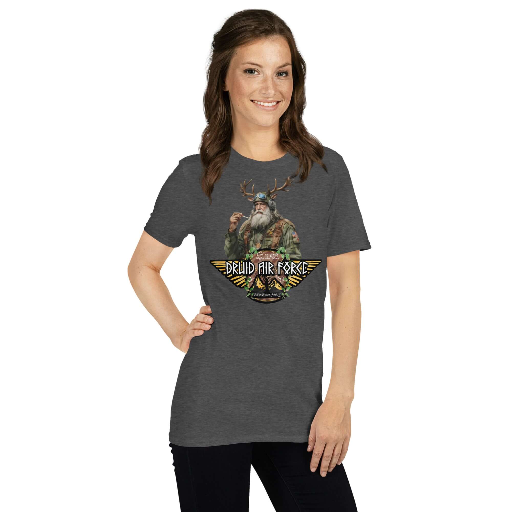 Woman wearing Druid Air Force T-shirt featuring a mystic elder with antlers, blending ancient magic with modern military design.