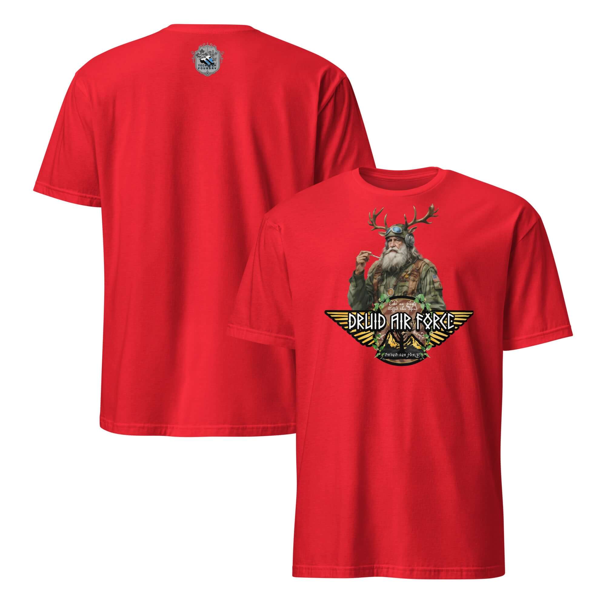 Red Druid Air Force T-Shirt with elder mystic graphic, antlers, and tactical gear, blending ancient magic with military style.