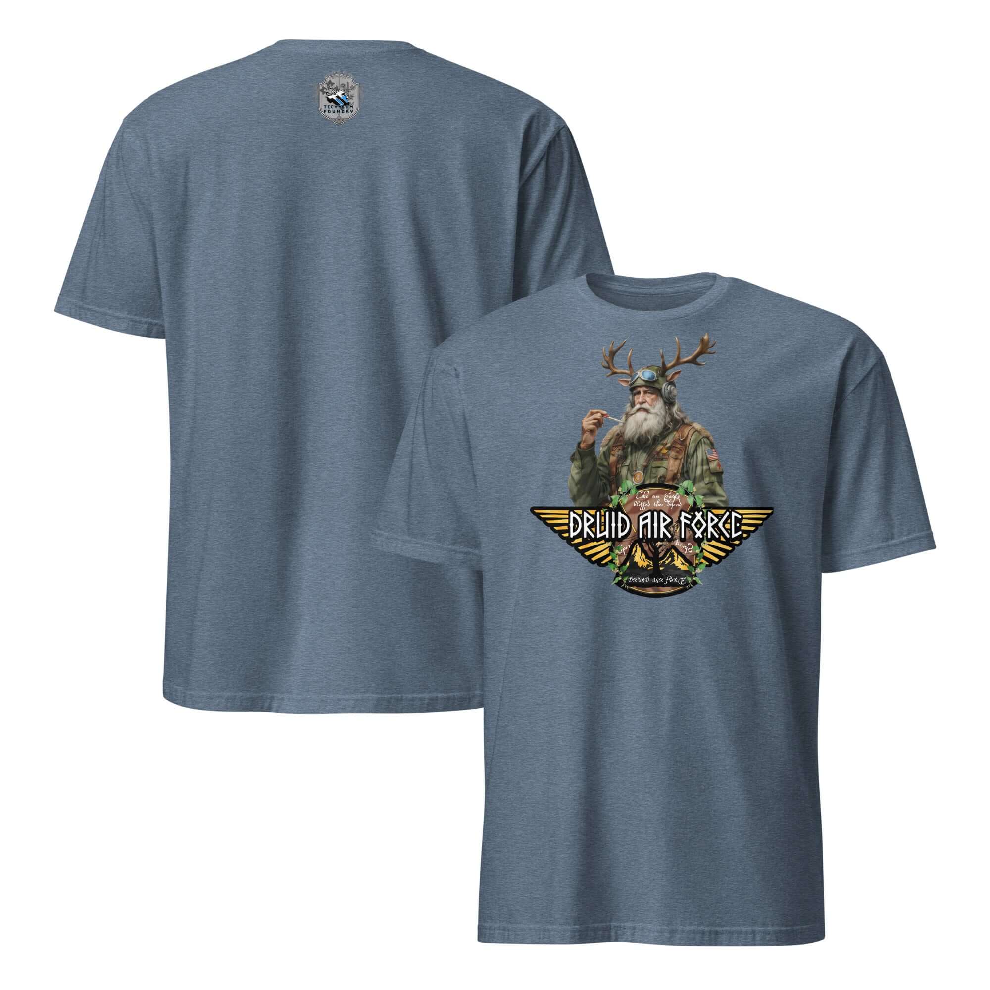 Druid Air Force T-shirt featuring elder mystic with antlers and tactical gear. Ancient magic meets modern military design.