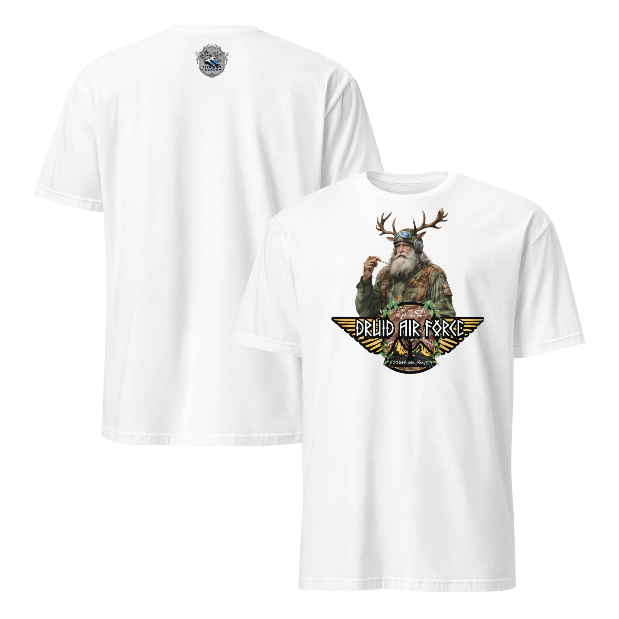 White T-shirt featuring Druid Air Force design with elder mystic, antlers, and camo gear for a blend of ancient magic and modern military.