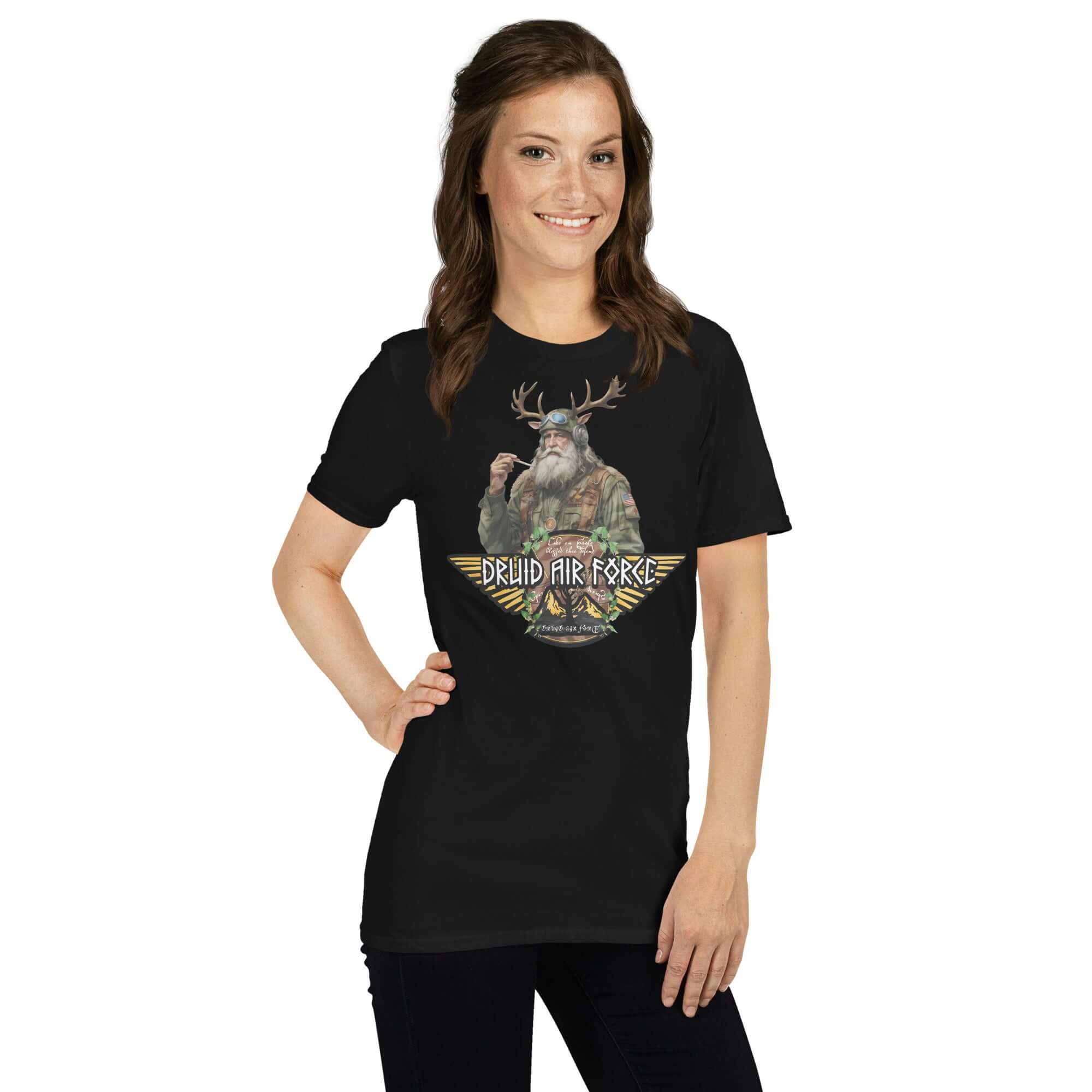 Woman wearing Druid Air Force T-shirt featuring a mystic with antlers and wilderness gear on a black background.