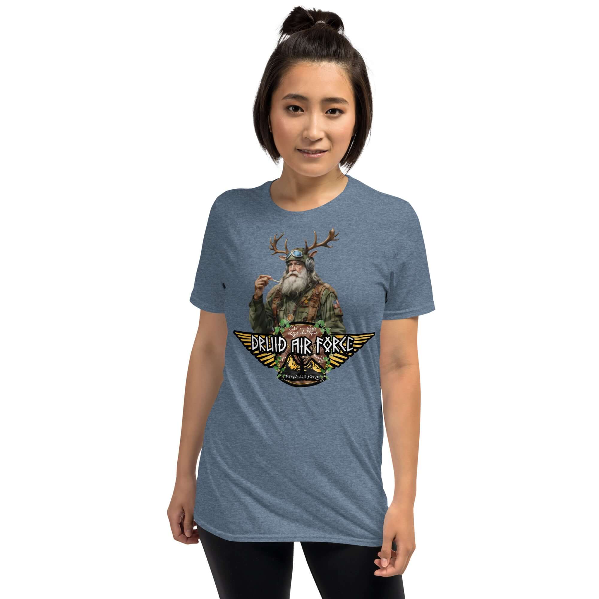 Woman wearing Druid Air Force T-shirt featuring a mystic with antlers and tactical gear on a sleek black background.