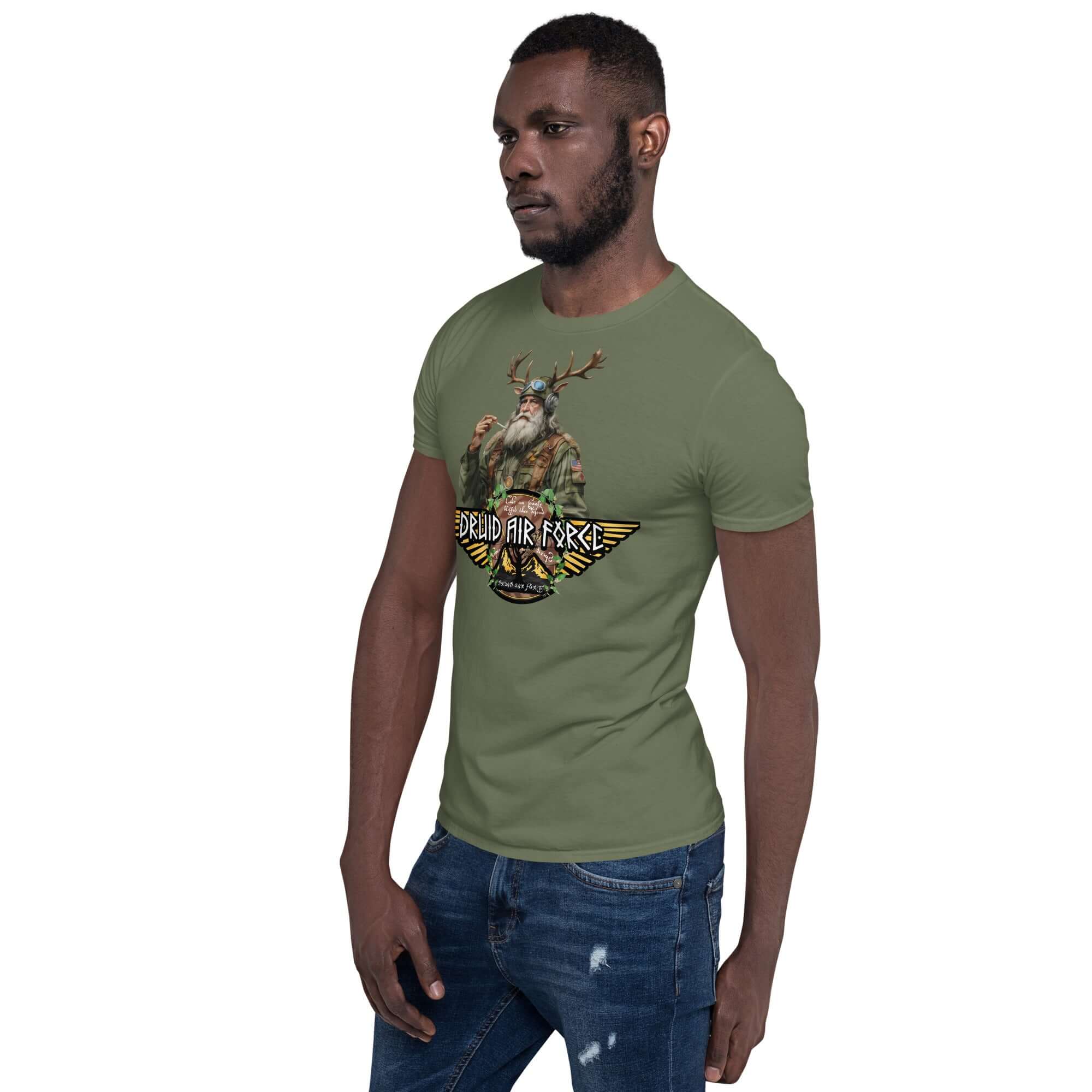 Man wearing Druid Air Force T-Shirt with elder mystic and antlers graphic, green color, modern military style.