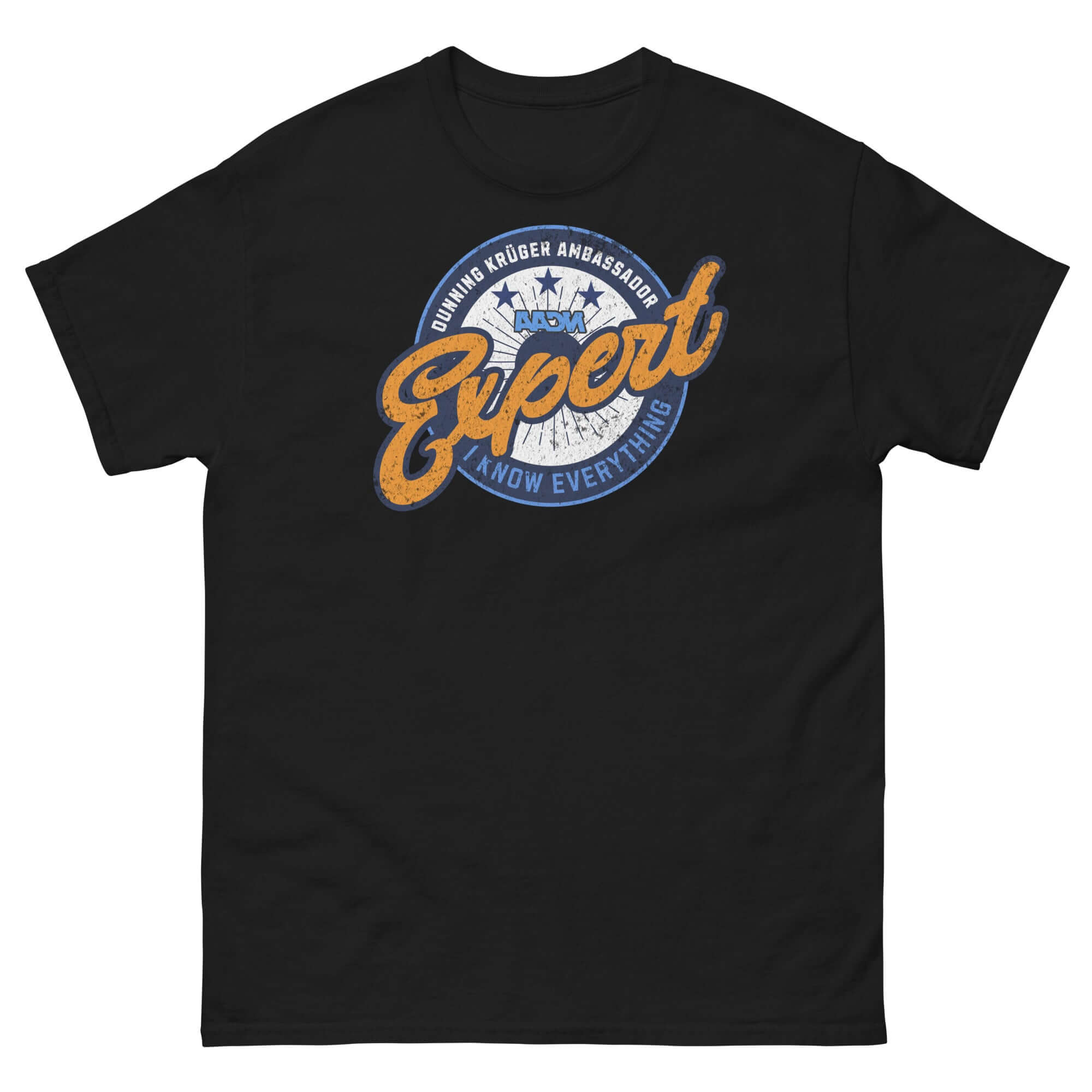 Dunning-Kruger Expert T-Shirt with 'Expert at How Everything Works' badge on black fabric, ideal for psychology enthusiasts.