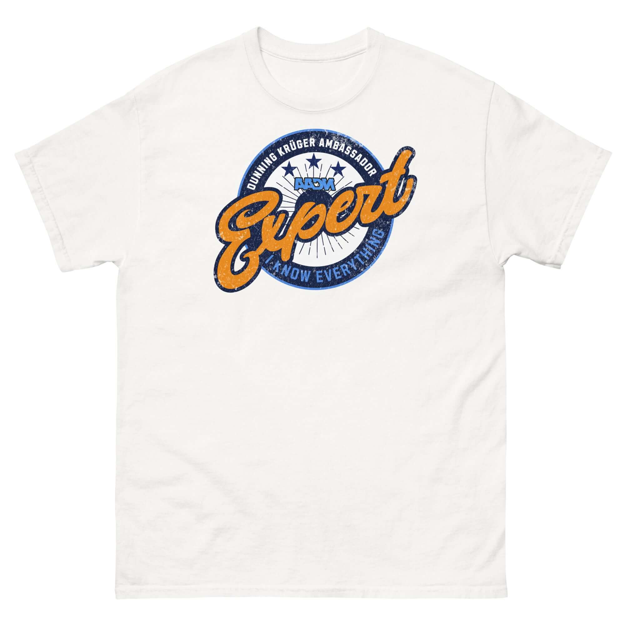 White t-shirt with Dunning-Kruger Expert graphic logo in blue and orange.