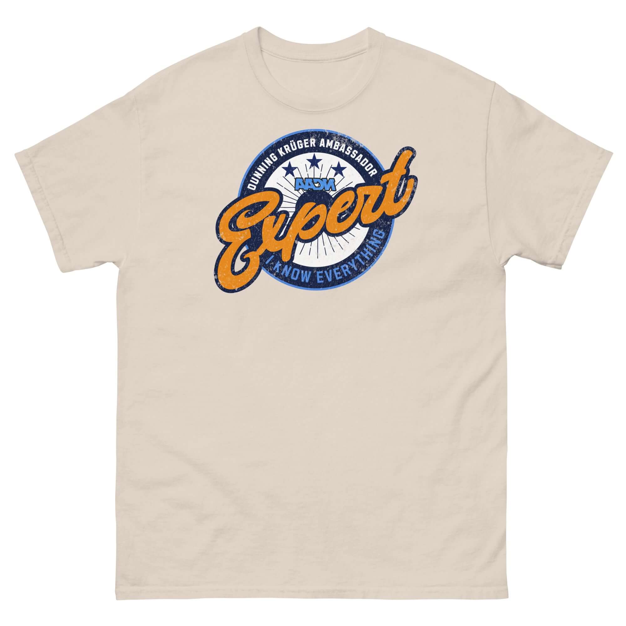 Dunning-Kruger Expert T-Shirt with 'Expert' Badge Emblem in Olive Green, Featuring Playful Sports Team Logo Design