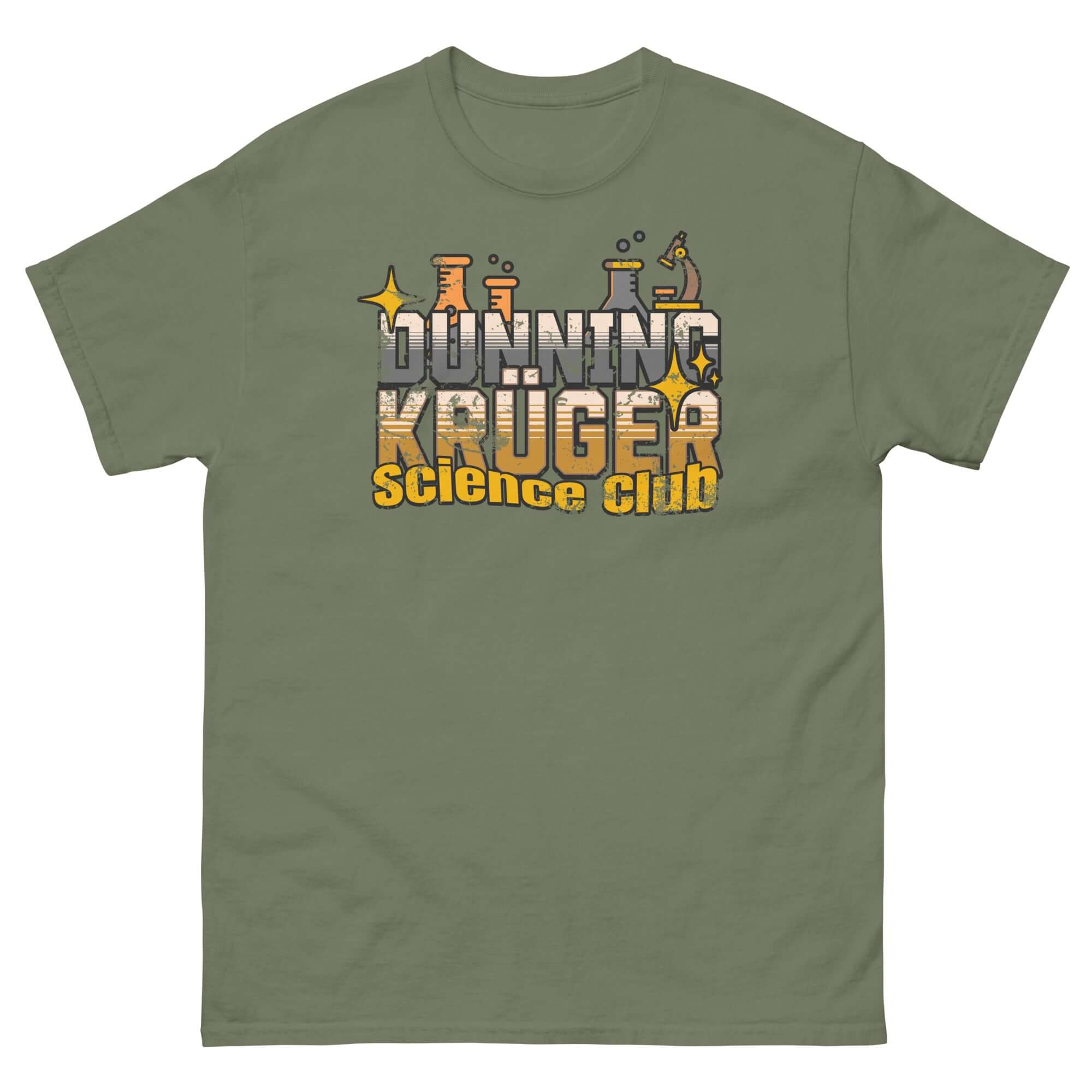 Green Dunning-Kruger Science Club T-shirt with metallic gradient text, featuring science-themed illustrations, for cognitive bias enthusiasts.