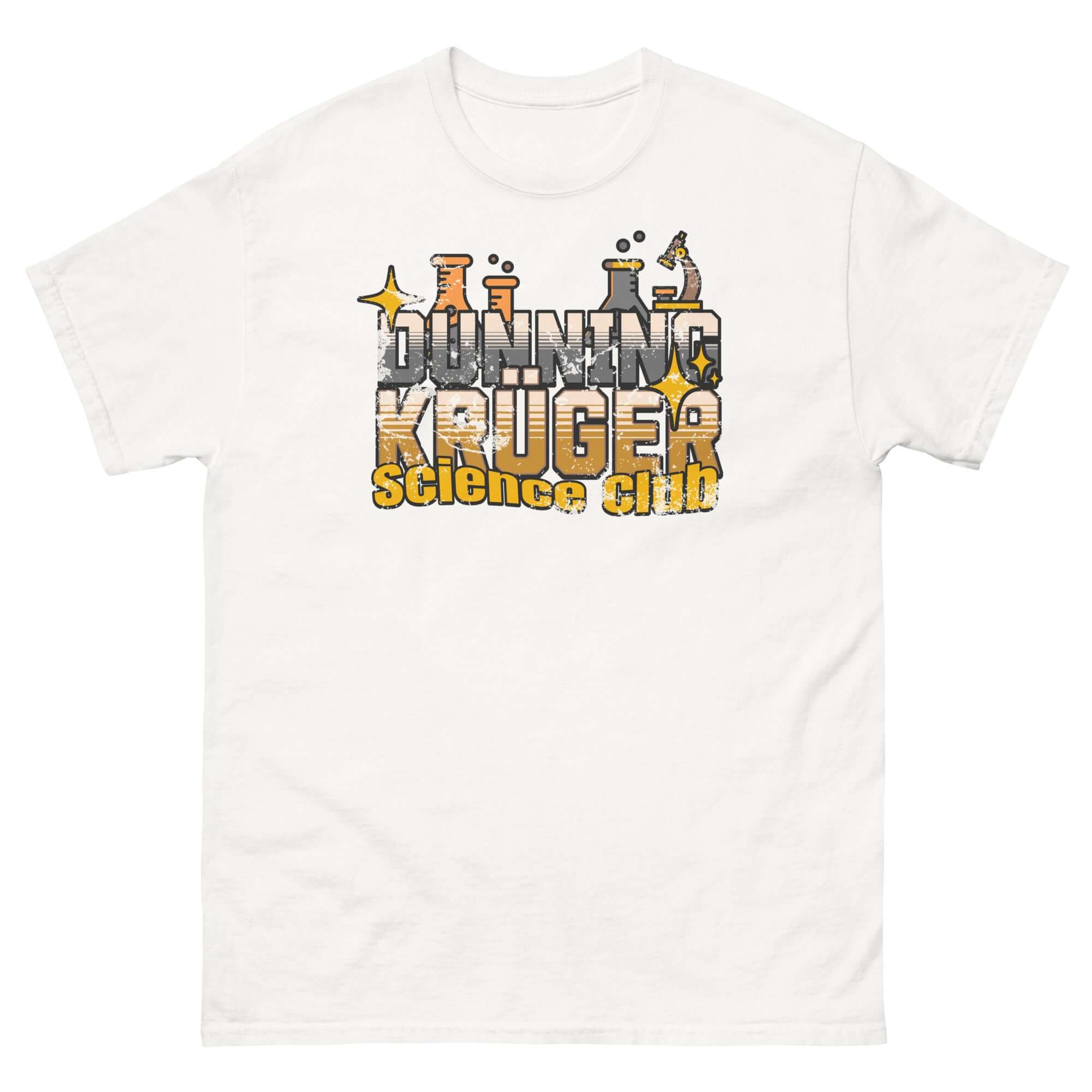 White t-shirt with "Dunning-Kruger Science Club" design in metallic gradient text, featuring scientific illustrations for cognitive bias fans.