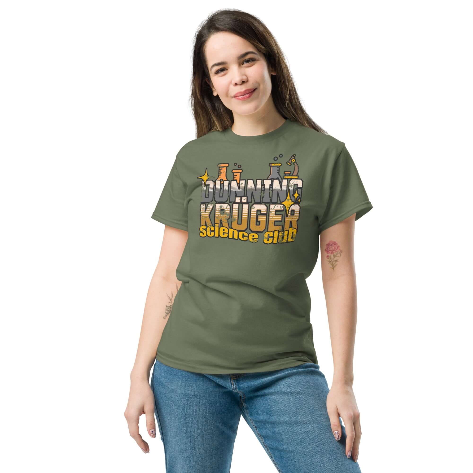 Person wearing "Dunning-Kruger Science Club" t-shirt, showcasing metallic gradient text, perfect for fans of cognitive bias humor.