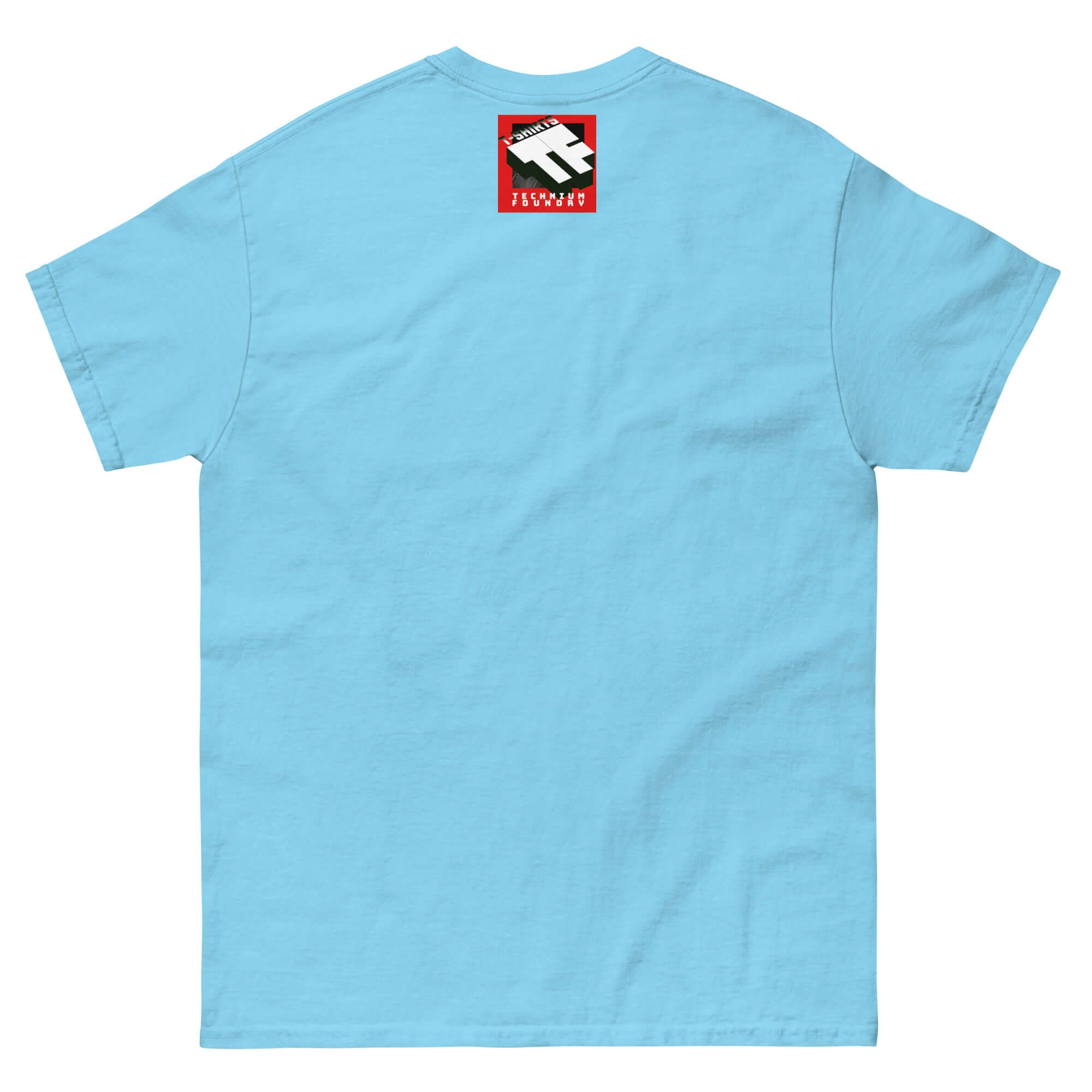 Light blue Dunning-Kruger Science Club T-shirt, back view, with a small square emblem and text, Cognitive Bias Apparel.