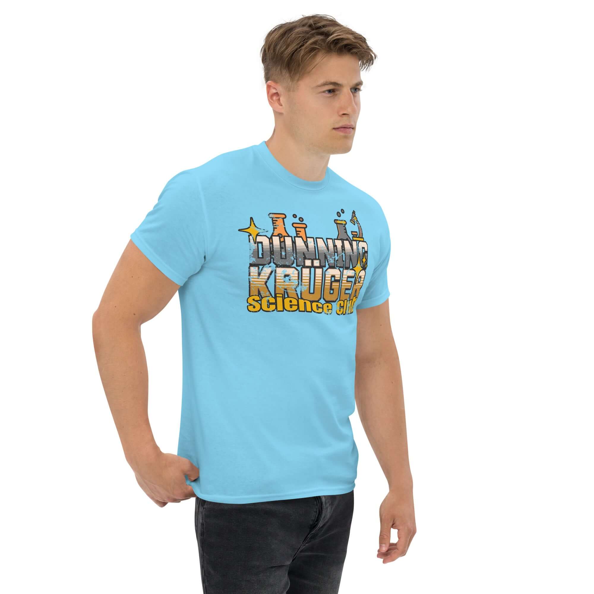 Person wearing Dunning-Kruger Science Club T-shirt with metallic gradient text, showcasing cognitive bias themed apparel.