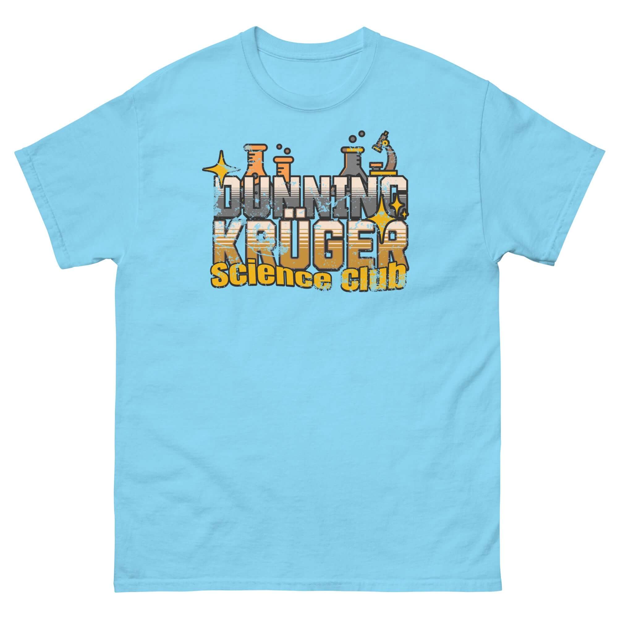Light blue Dunning-Kruger Science Club T-Shirt with metallic gradient text, symbolizing cognitive bias in a fun, witty way.