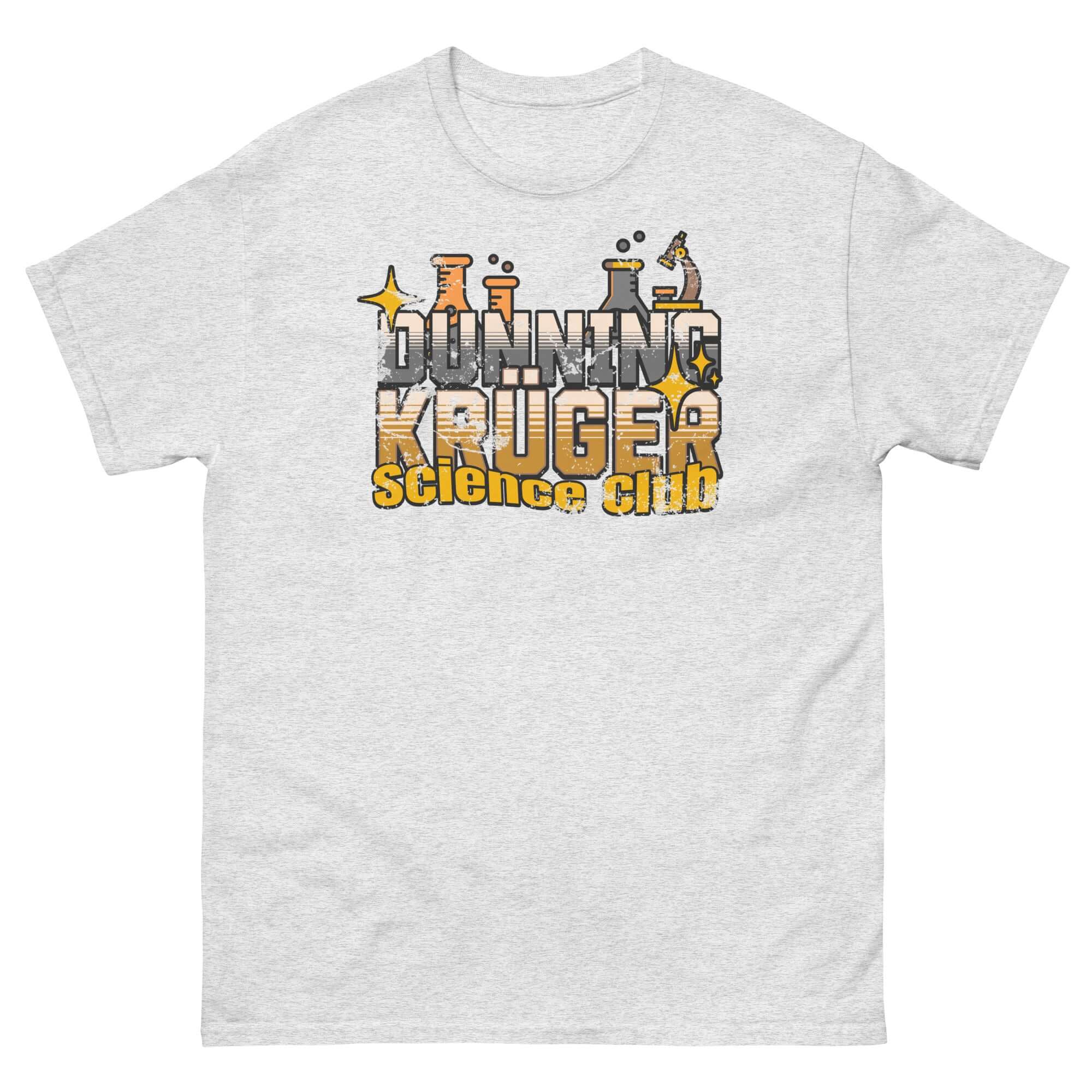 Dunning-Kruger Science Club T-Shirt with humorous cognitive bias theme and metallic gradient text on a light grey fabric.