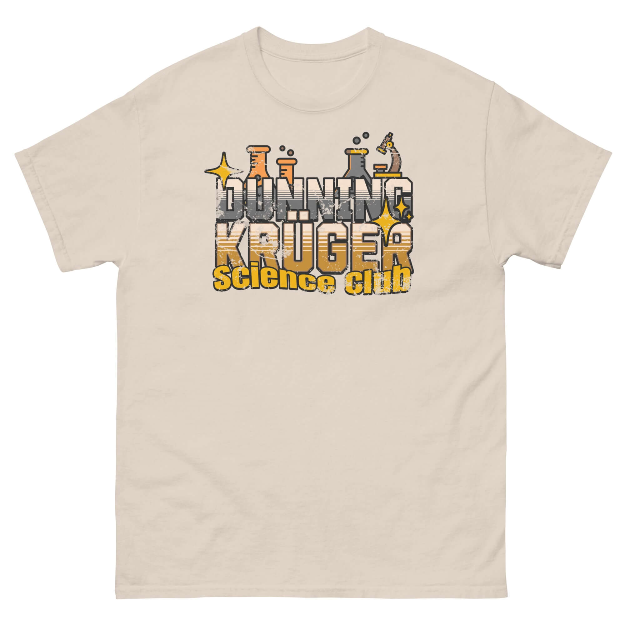 Dunning-Kruger Science Club T-Shirt with metallic gradient text in cognitive bias design, perfect for science enthusiasts.