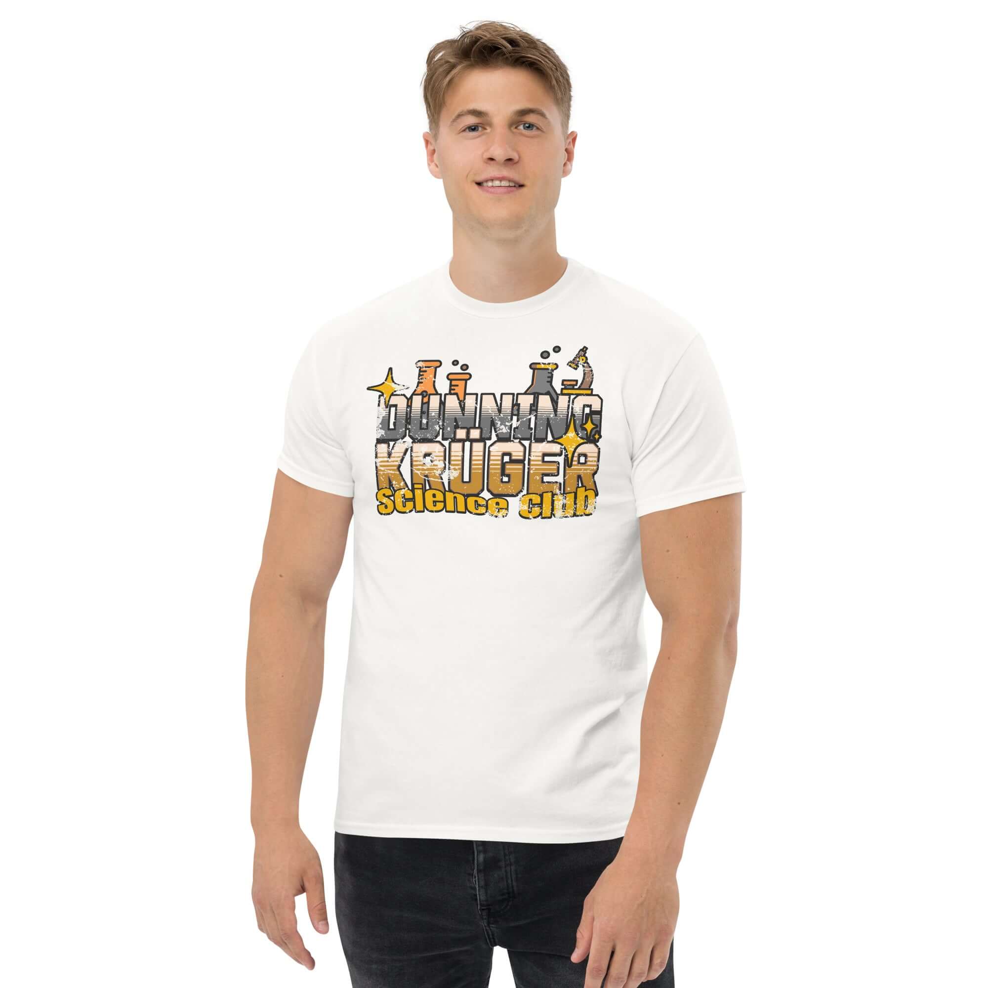 Man wearing Dunning-Kruger Science Club T-shirt with metallic gradient text, styled as cognitive bias apparel.