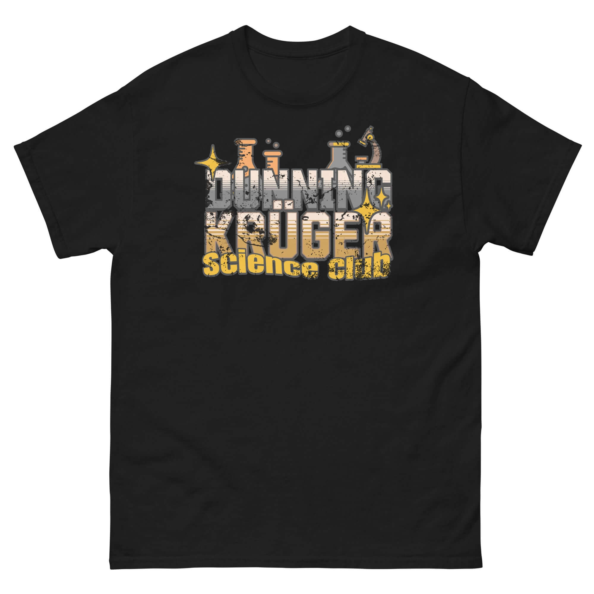 Dunning-Kruger Science Club T-Shirt featuring metallic gradient text, black cotton fabric, and cognitive bias theme apparel design.