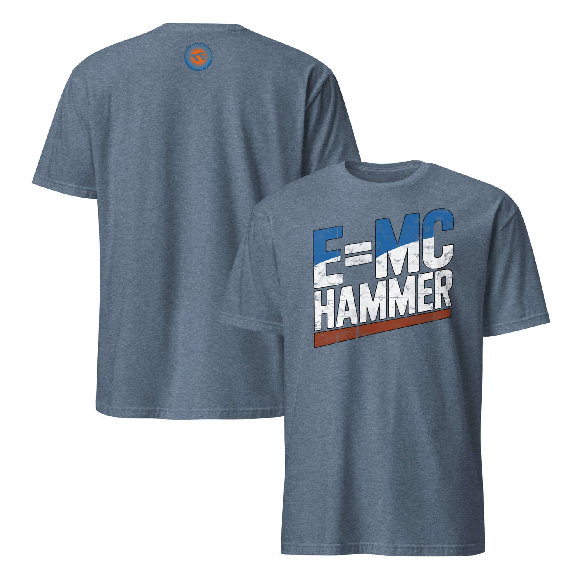 Alt Tag: E=MC Hammer T-Shirt featuring Einstein physics and hip-hop mashup design in blue.