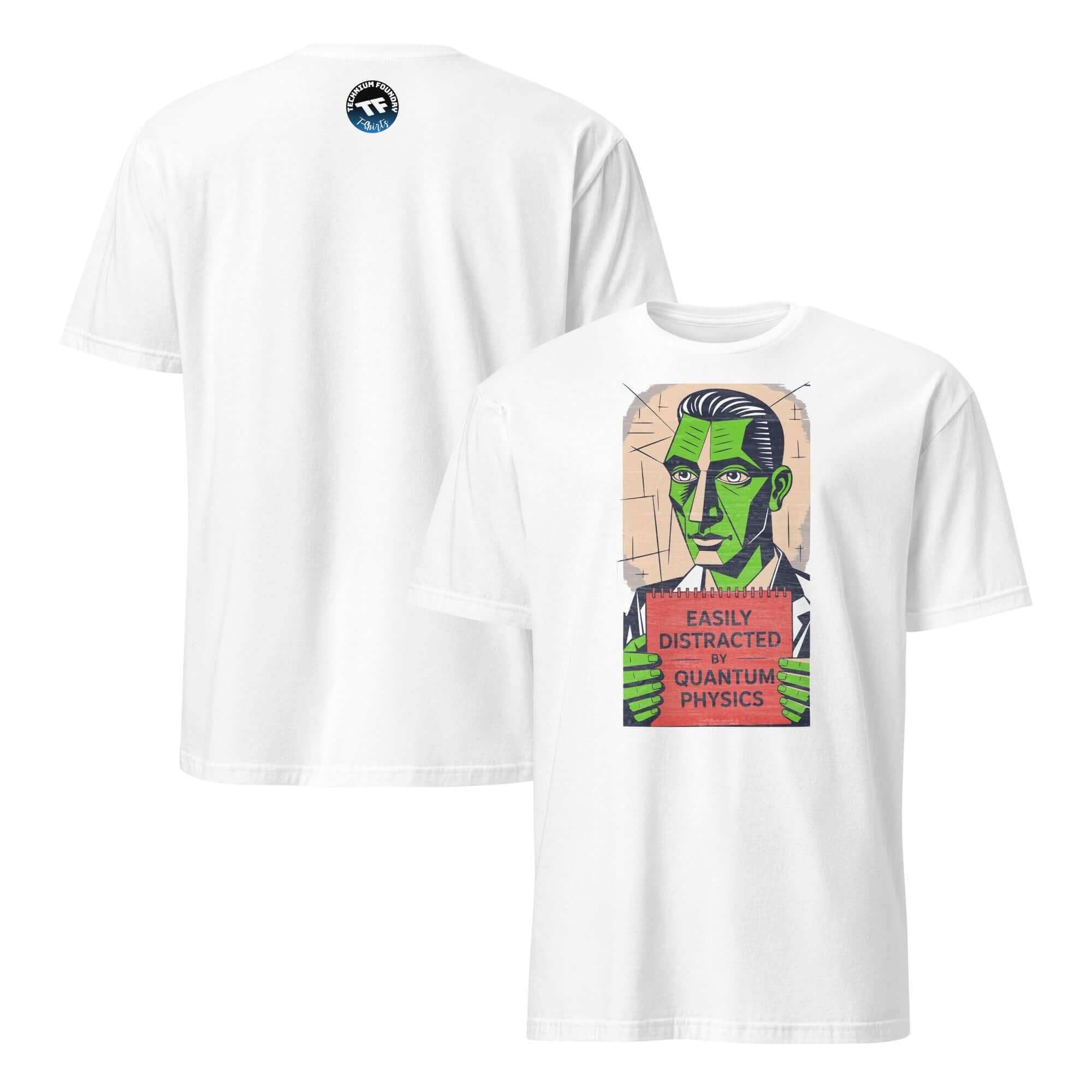 White T-shirt featuring 'Easily Distracted by Quantum Physics' design and scientific humor graphic for ADHD enthusiasts.