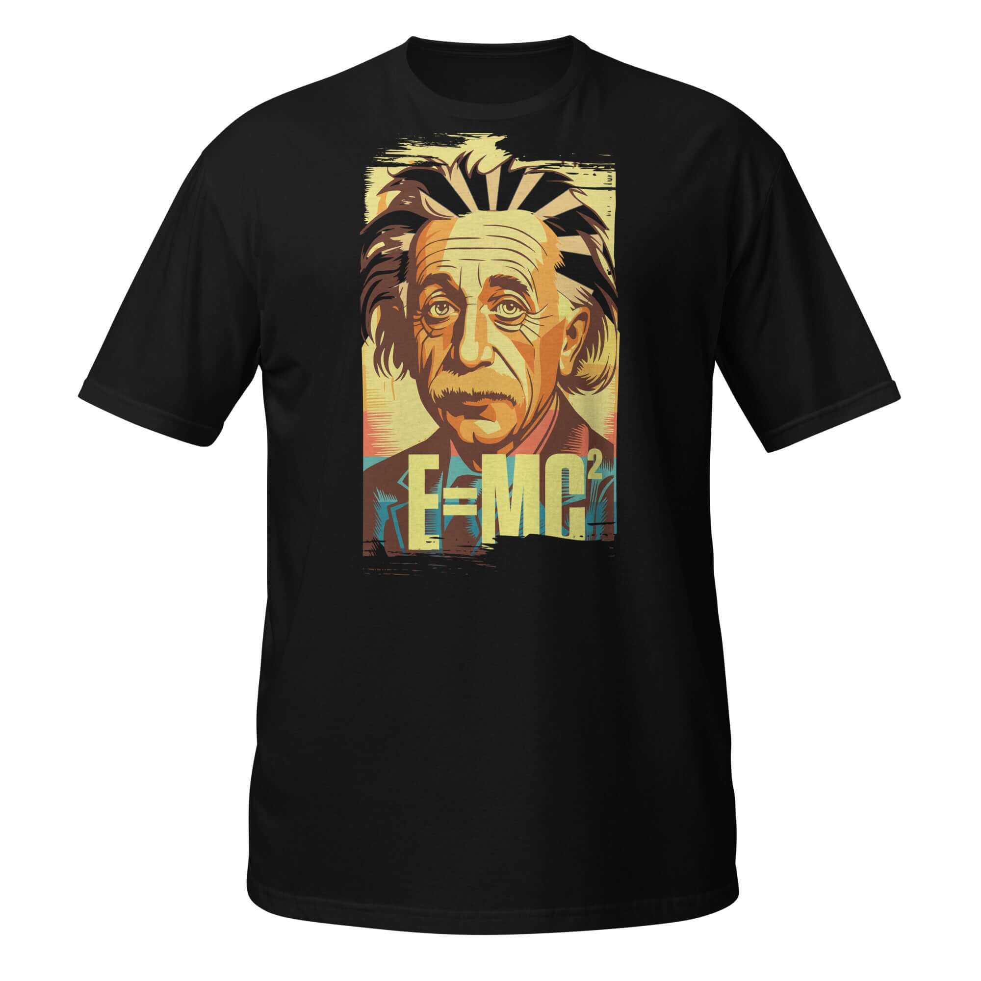 E=MC² Einstein T-Shirt featuring physics icon apparel with Einstein portrait and mass-energy formula design.