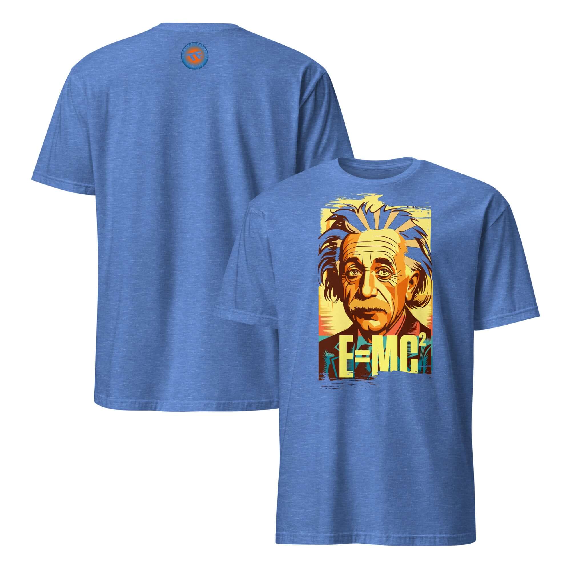 Blue Einstein E=MC² t-shirt featuring colorful portrait and physics formula, perfect for science enthusiasts and physics lovers.