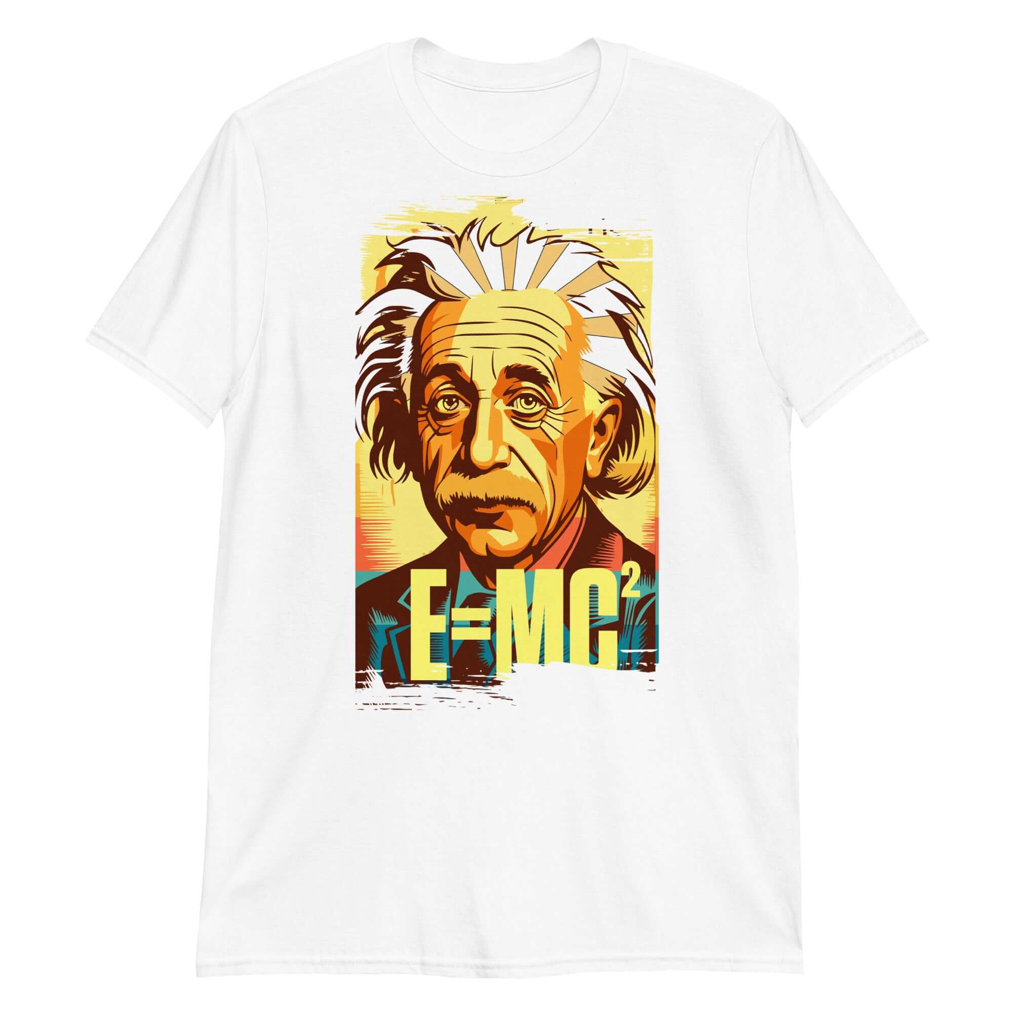 Einstein E=MC² T-shirt featuring mass energy formula, vibrant portrait design, physics icon apparel for science enthusiasts.