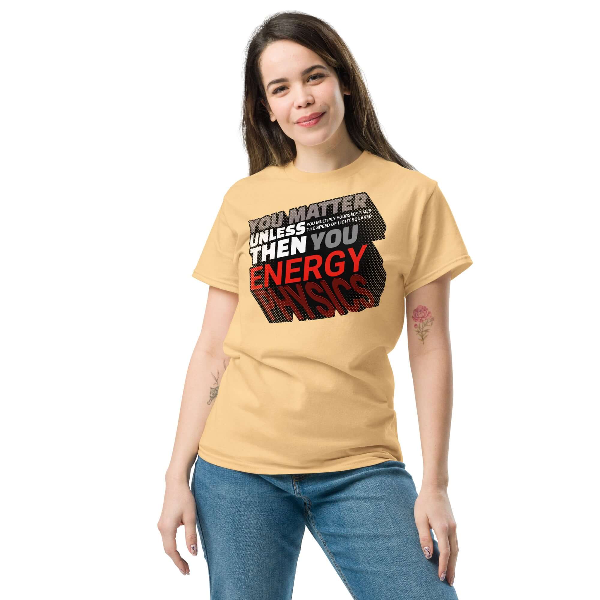 Person wearing Einstein's E=mc² Word Equation T-Shirt with humorous physics typography in yellow-to-orange gradient.