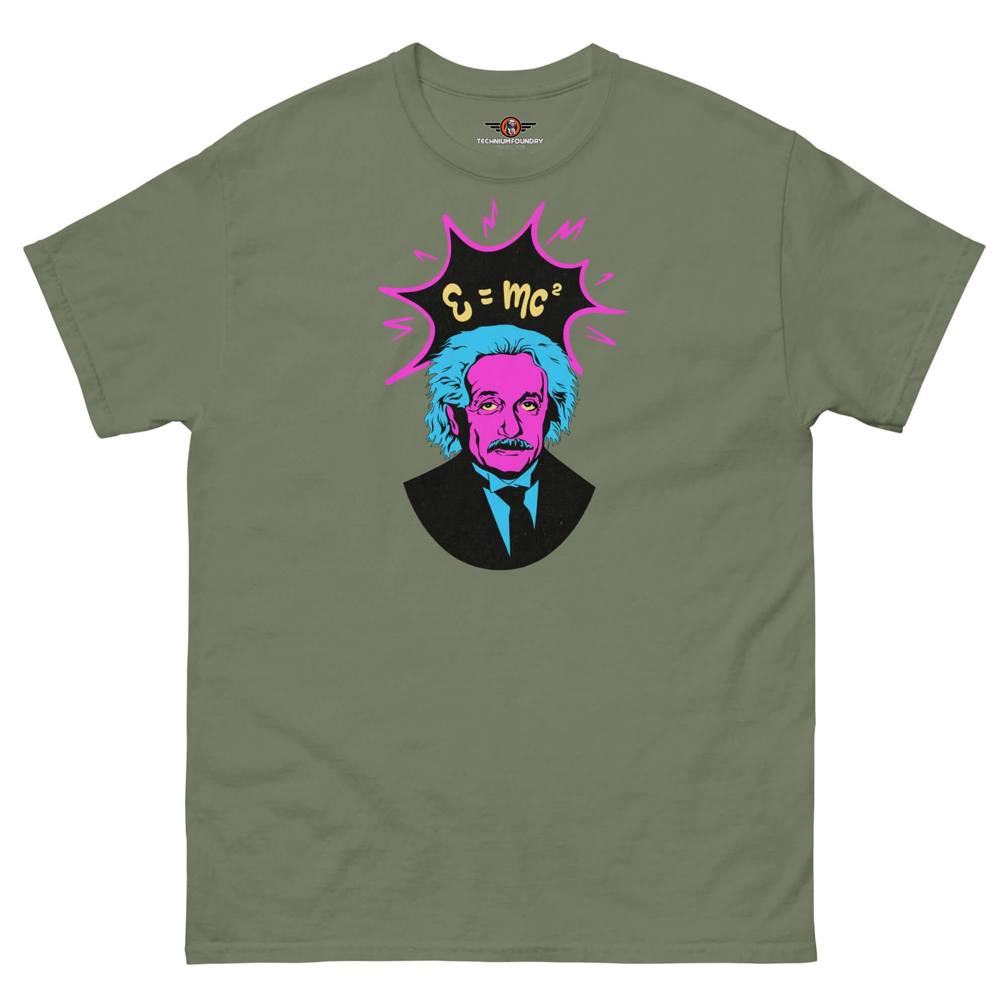 Pop Art Einstein T-Shirt with E=mc² Design in Neon Colors on Olive Green Fabric by Technium Foundry