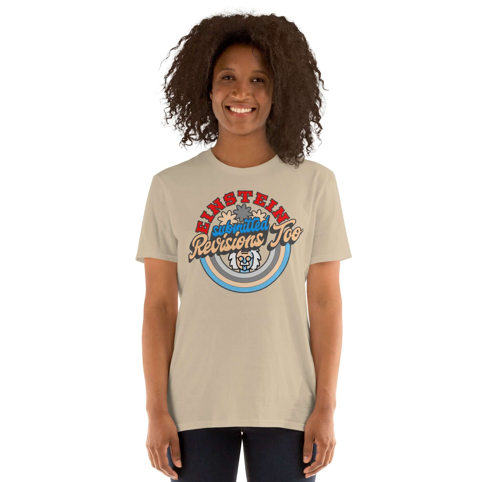 Einstein Submitted Revisions Too T-shirt with cartoon Einstein design, perfect for academic humor and vintage style lovers.