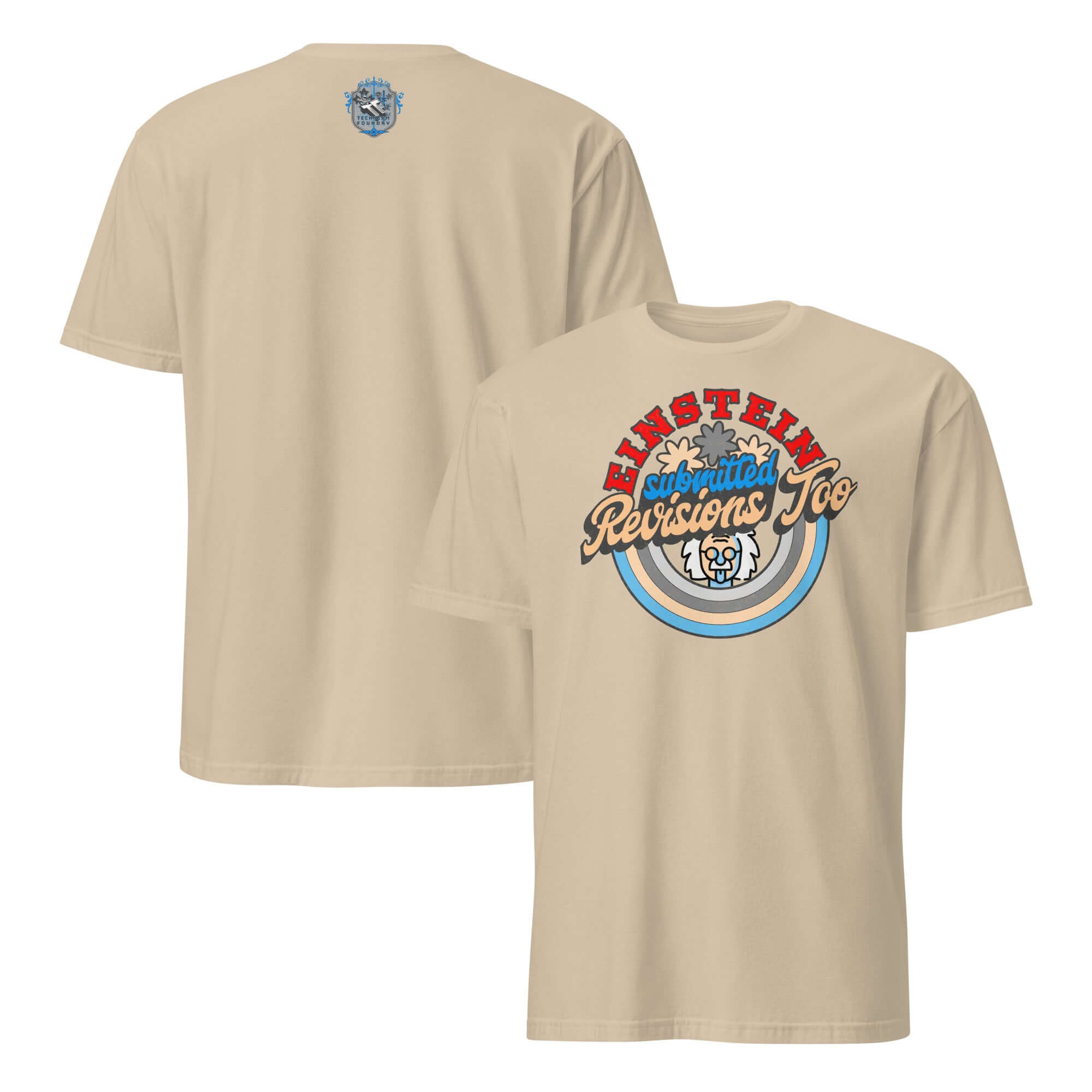 Einstein Submitted Revisions Too T-Shirt with cartoon Einstein design, retro style for academic publishing humor.