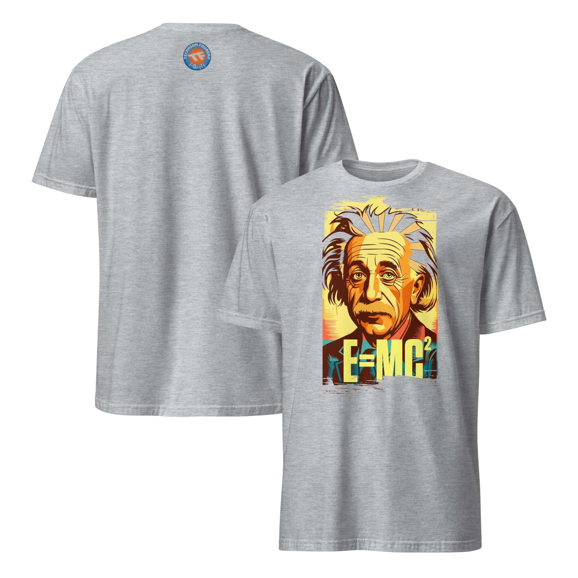 Grey Einstein T-shirt featuring colorful portrait and E=MC² equation on the back, celebrating physics and mass-energy formula.