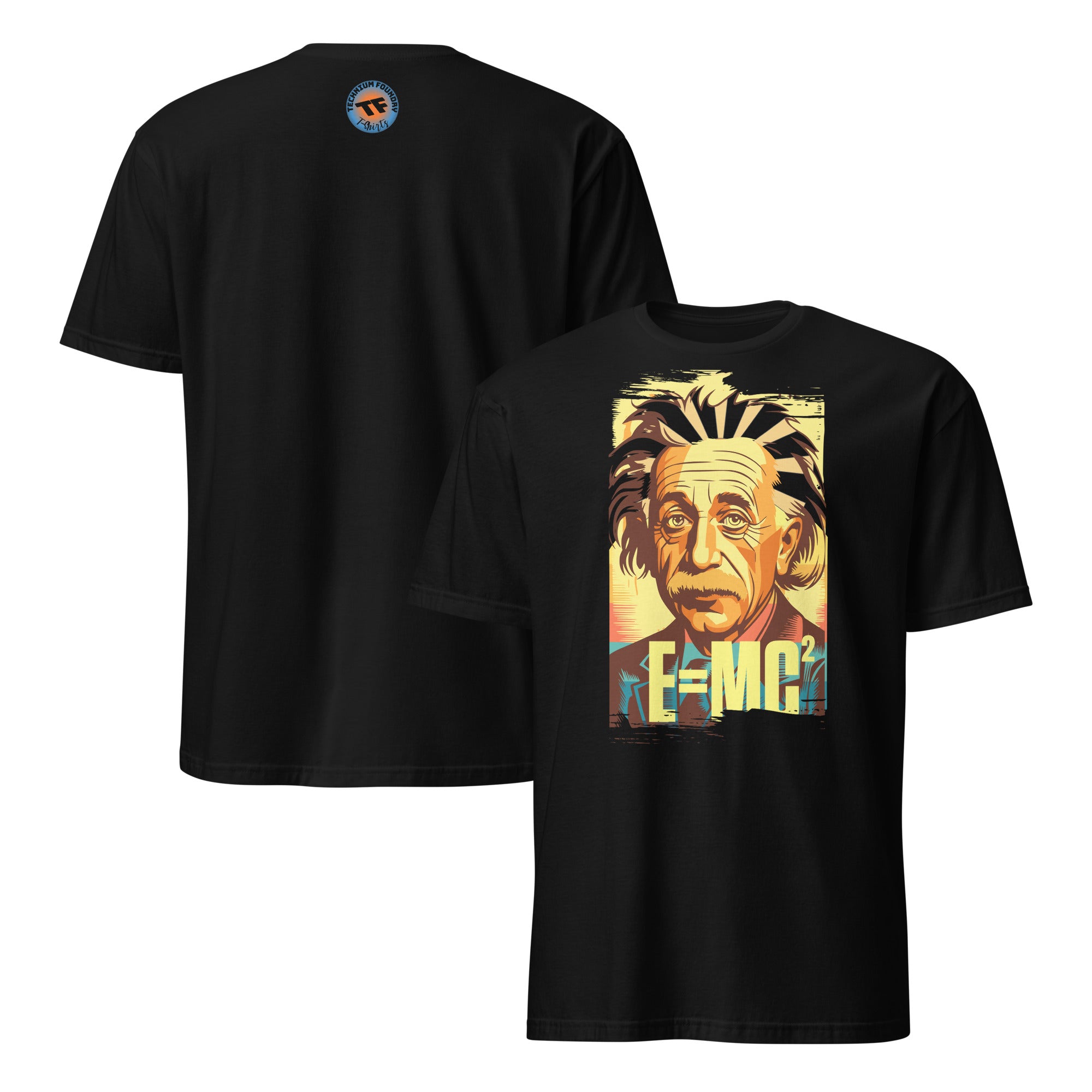 Black T-shirt featuring Einstein portrait with E=MC² formula, combining physics iconography and wearable science fashion.