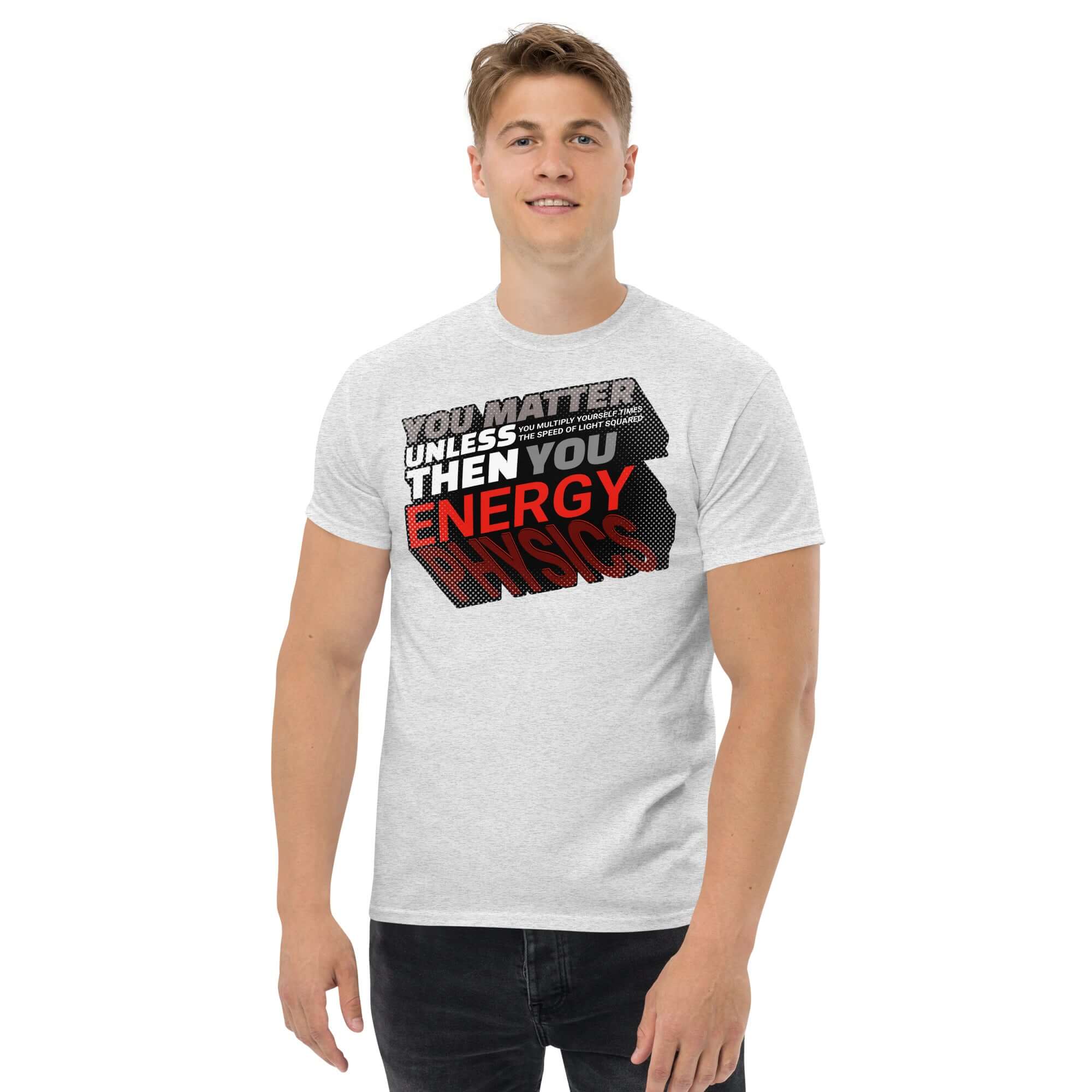 Man wearing Einstein's E=mc² Word Equation T-Shirt with clever physics humor design in bold red and black typography.