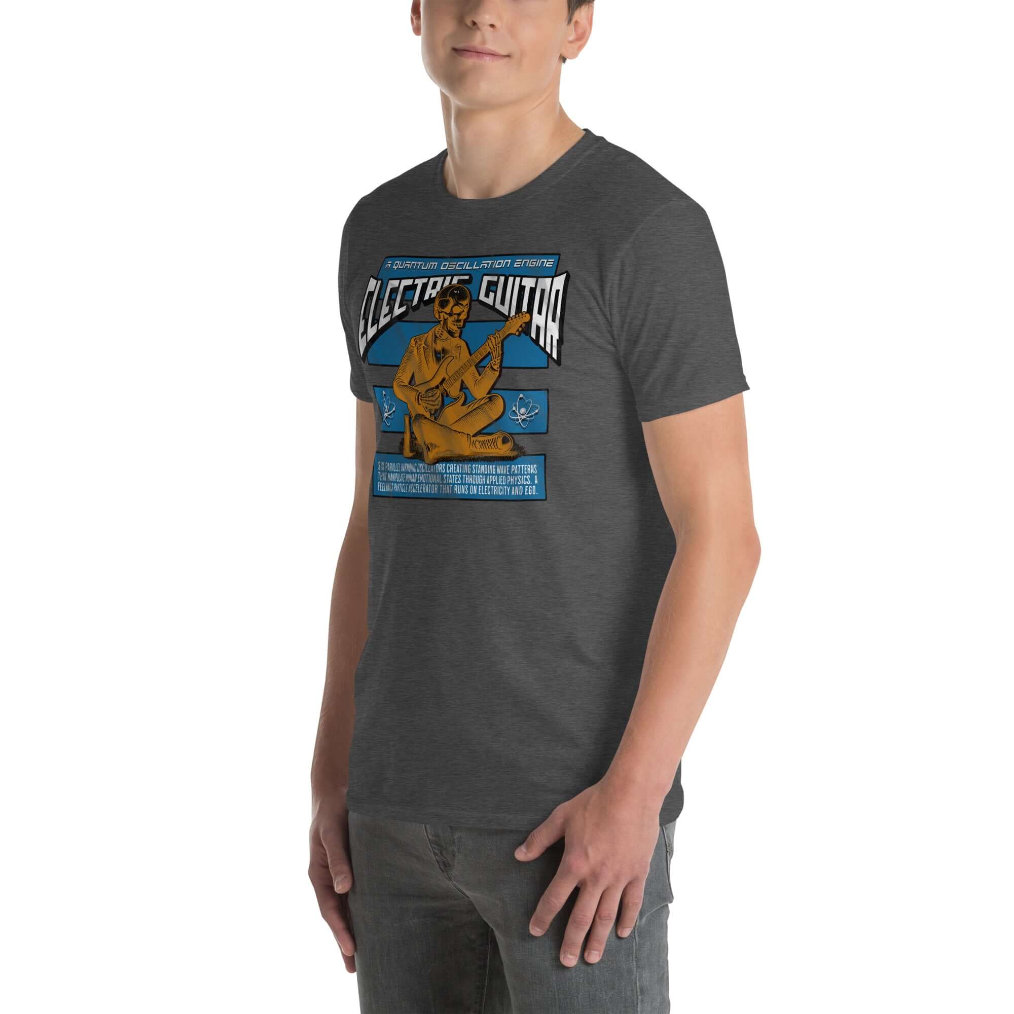 Electric Guitar Quantum Oscillation Engine T-Shirt with physics and music theme, worn by model, featuring bold graphic design.