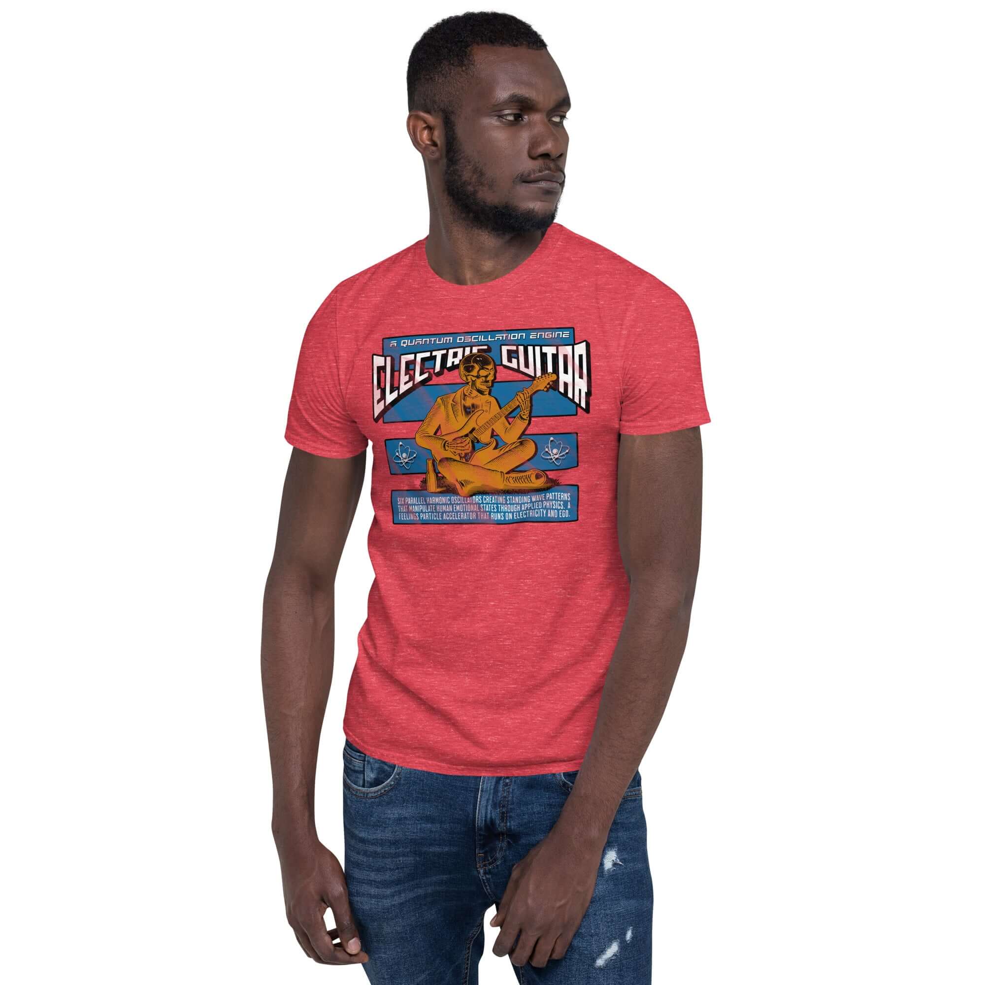 Man wearing a red Electric Guitar Quantum Oscillation Engine T-Shirt, blending music and physics humor.